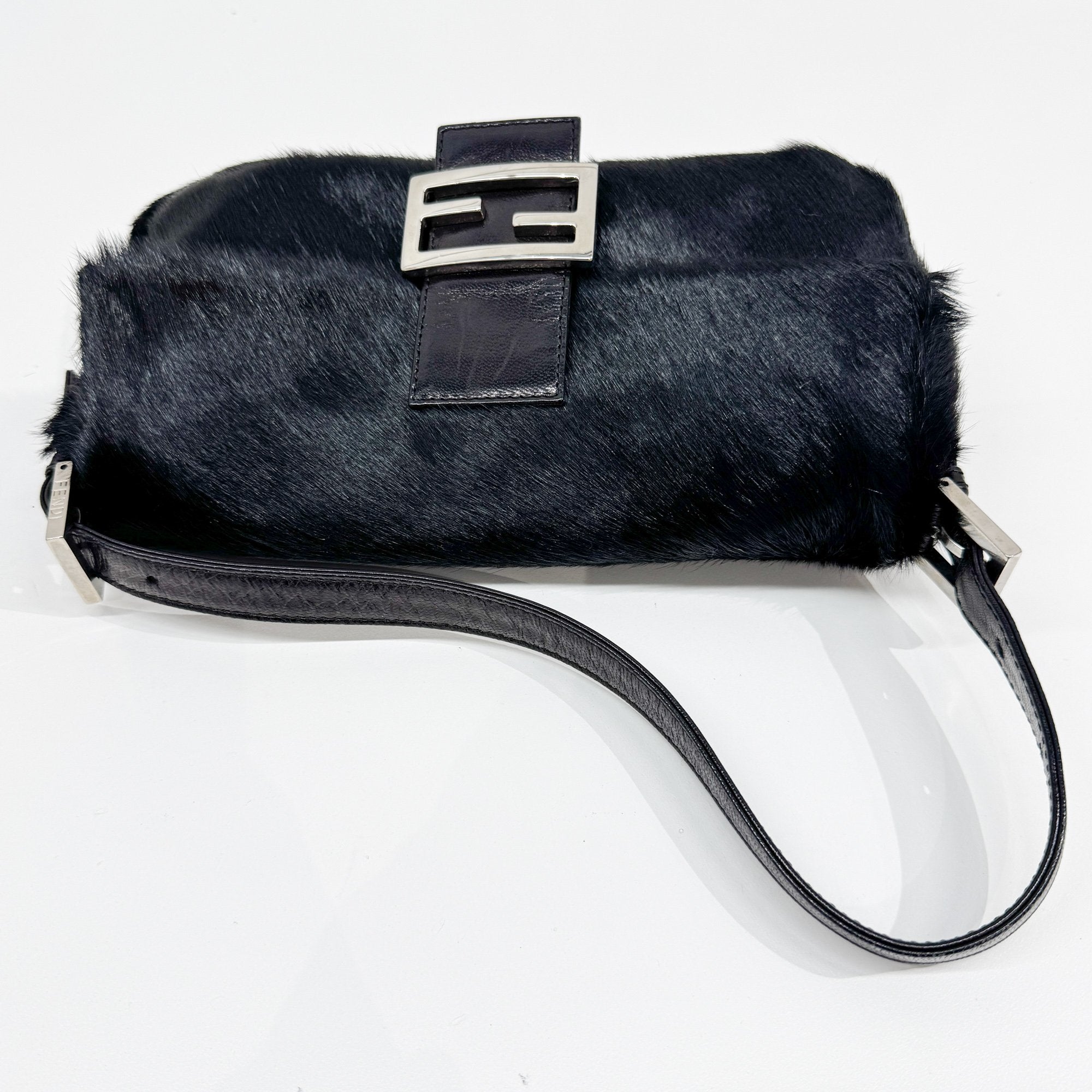 Baguette Black Silk-Pressed Pony Hair Shoulder Bag