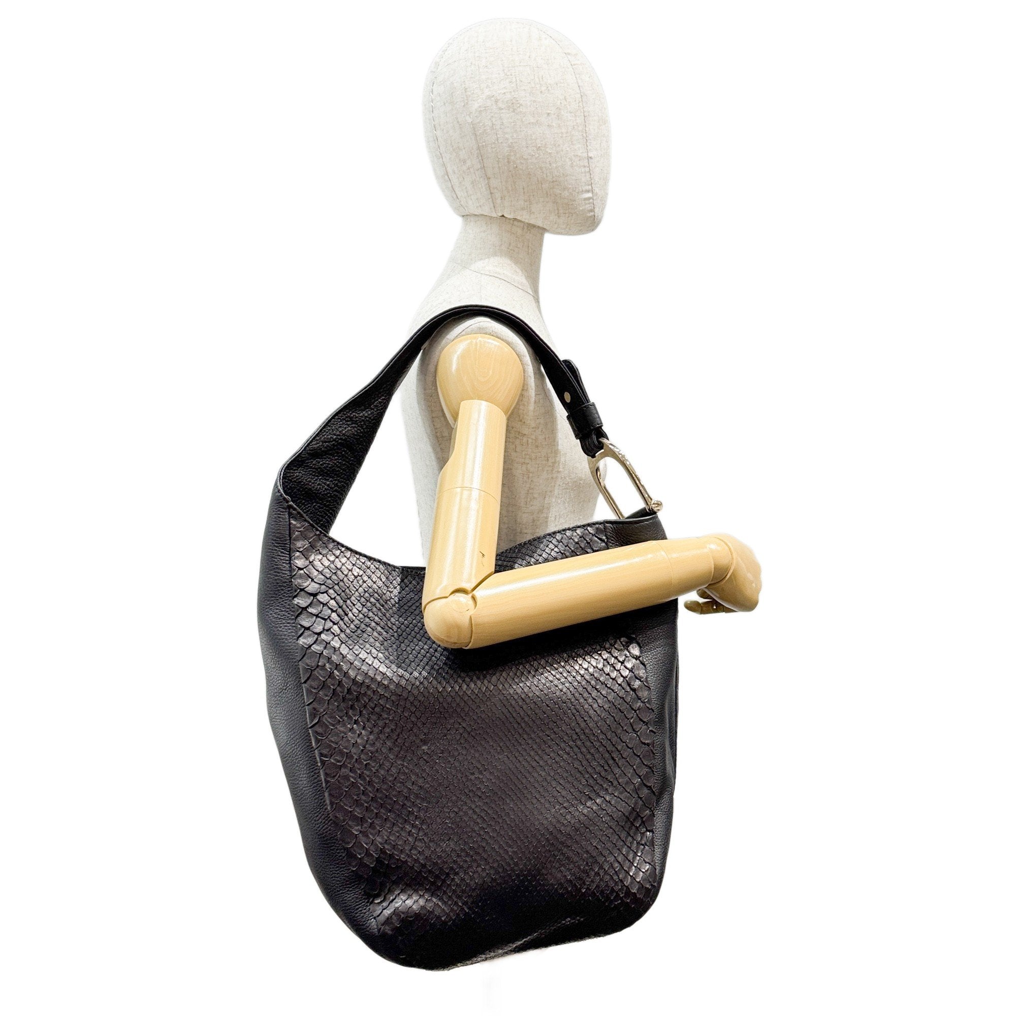 Greenwich Black Python Embossed Leather Hobo Bag