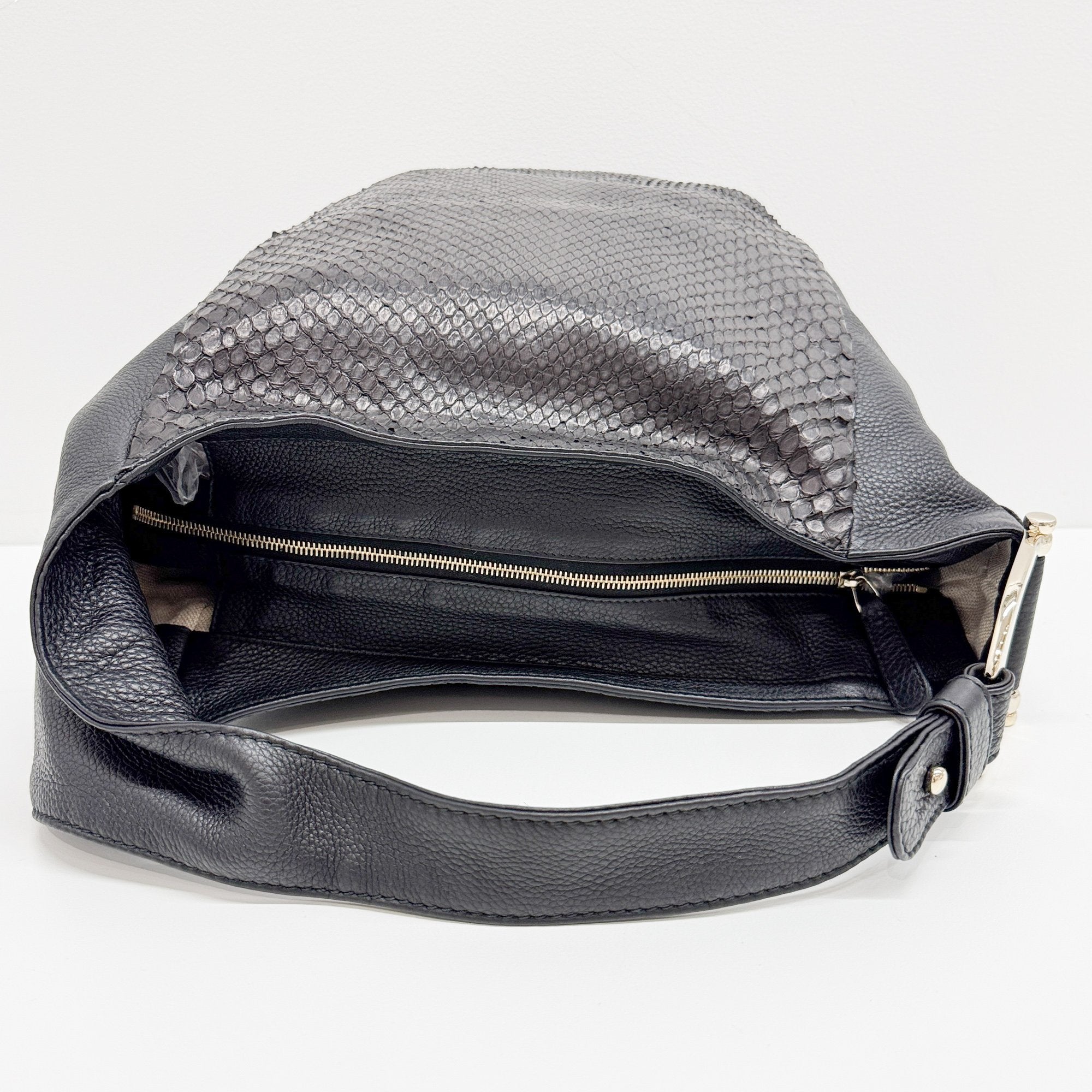 Greenwich Black Python Embossed Leather Hobo Bag