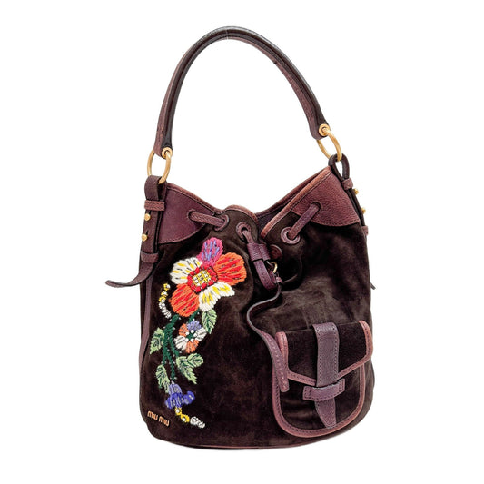 Embroidered Brown Suede Shoulder Bag