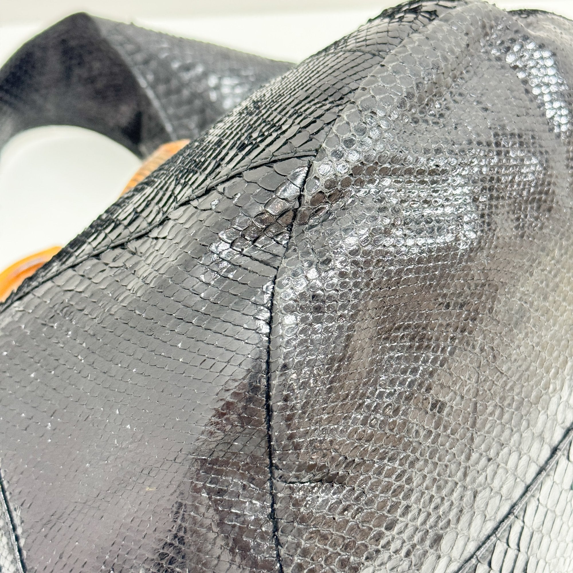 Bamboo Black Python Embossed Leather Two Way Bag