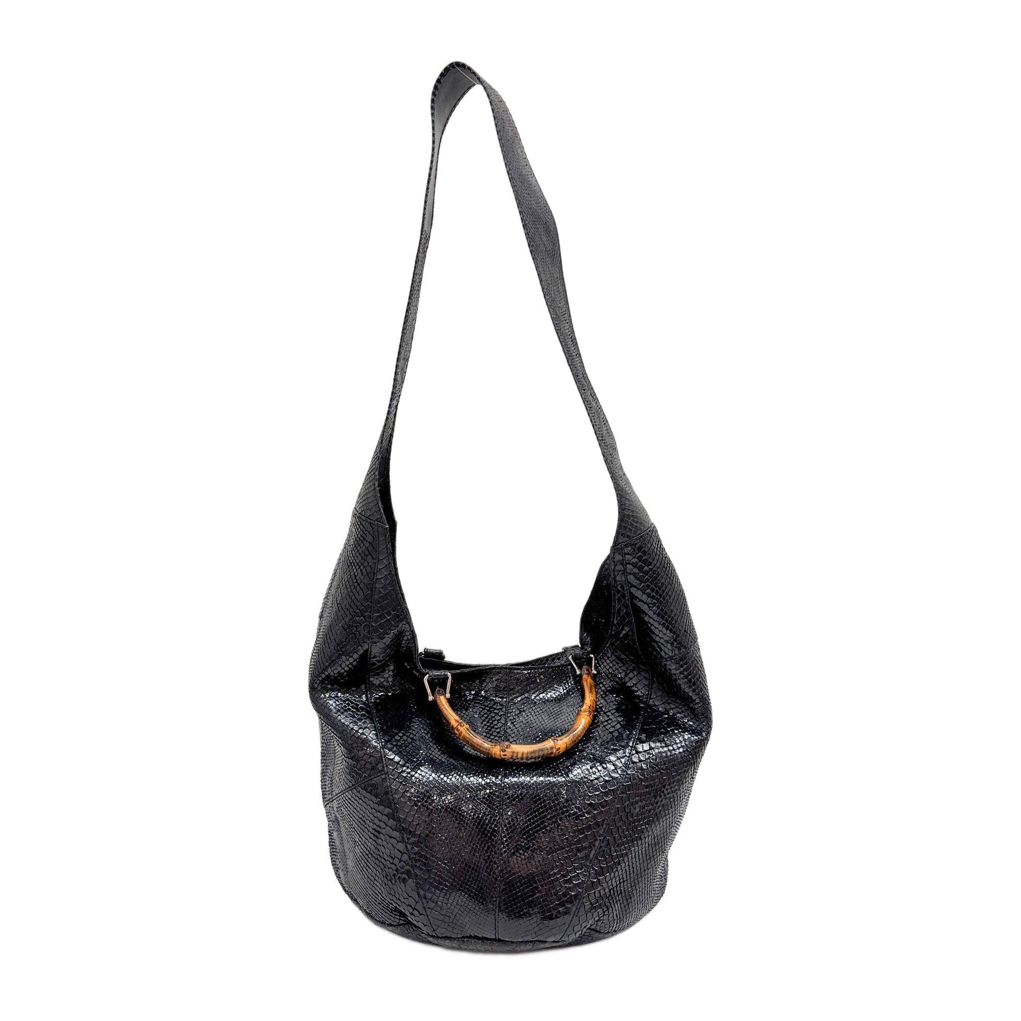 Bamboo Black Python Embossed Leather Two Way Bag