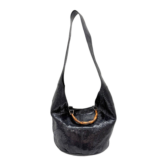 Bamboo Black Python Embossed Leather Two Way Bag