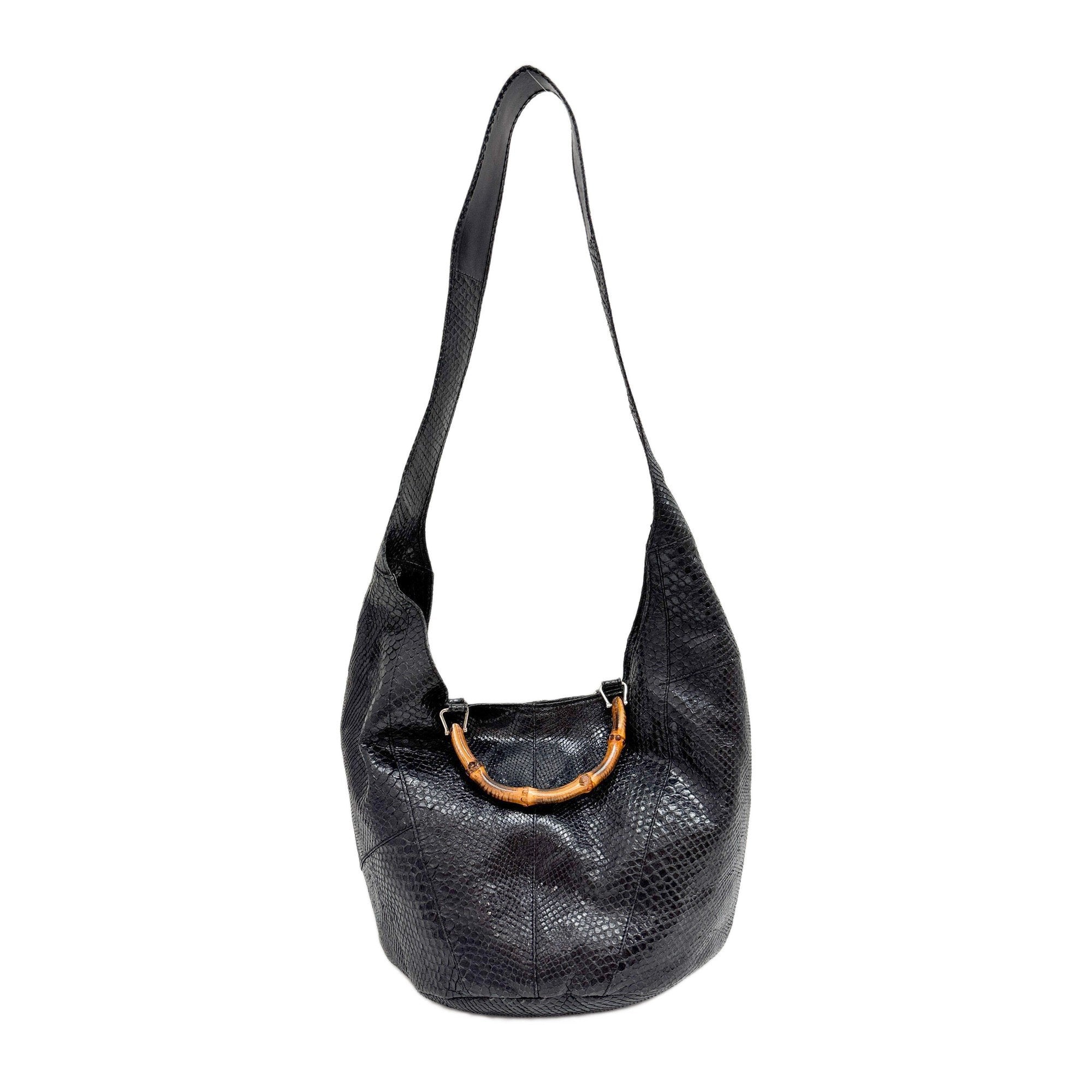 Bamboo Black Python Embossed Leather Two Way Bag