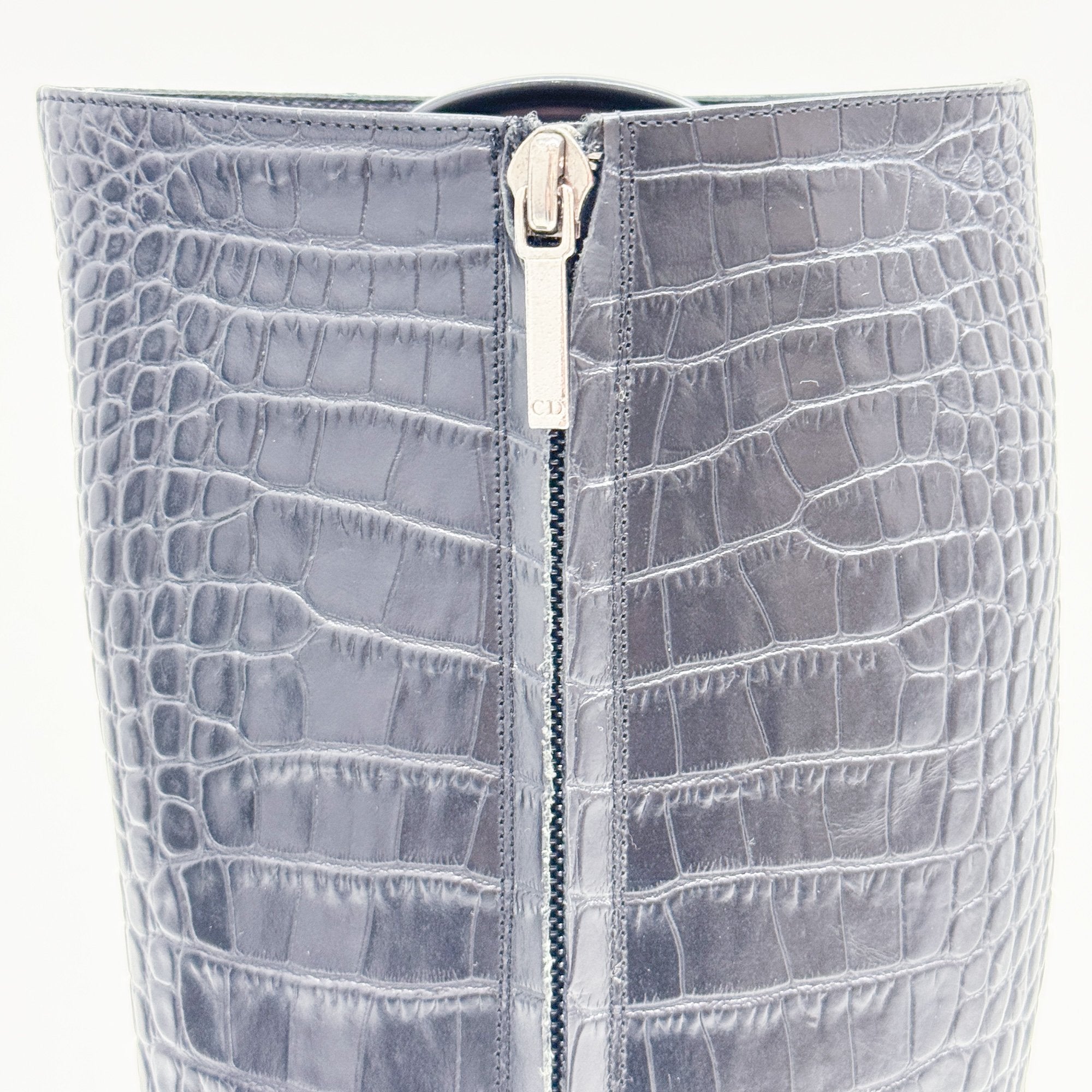 Size 37 1/2 EU Black Crocodile Embossed Leather Knee High Boots