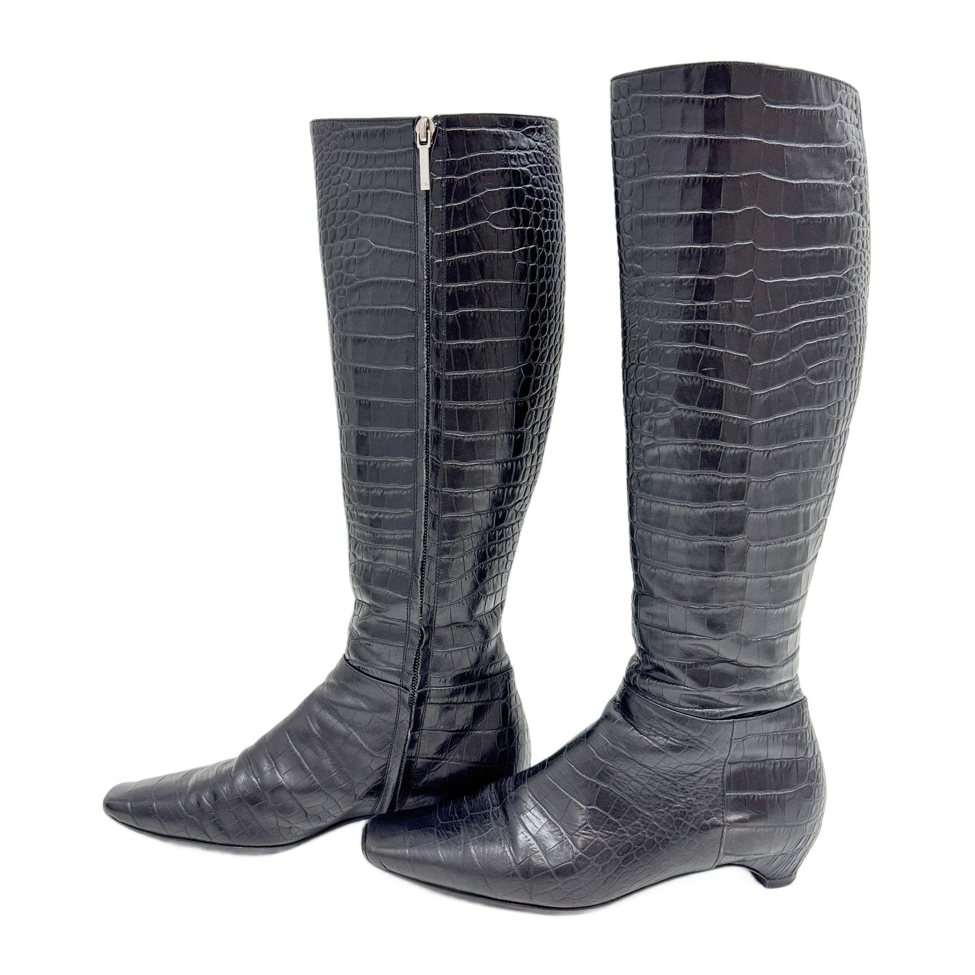 Size 37 1/2 EU Black Crocodile Embossed Leather Knee High Boots