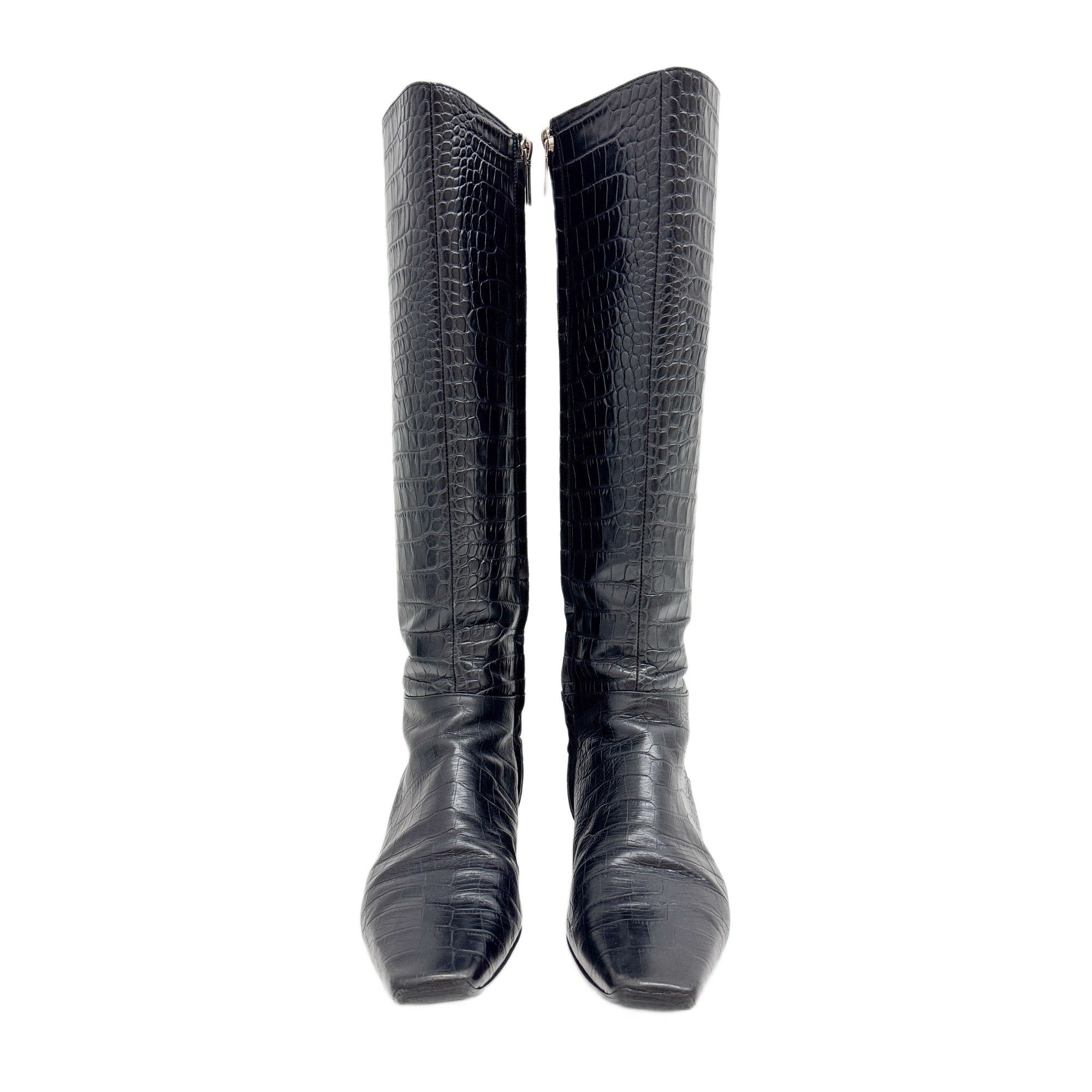 Size 37 1/2 EU Black Crocodile Embossed Leather Knee High Boots