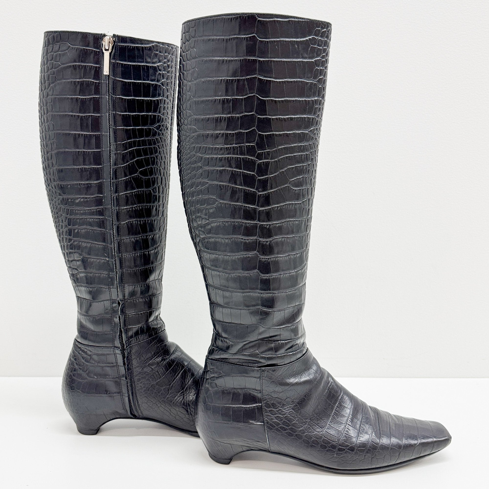 Size 37 1/2 EU Black Crocodile Embossed Leather Knee High Boots