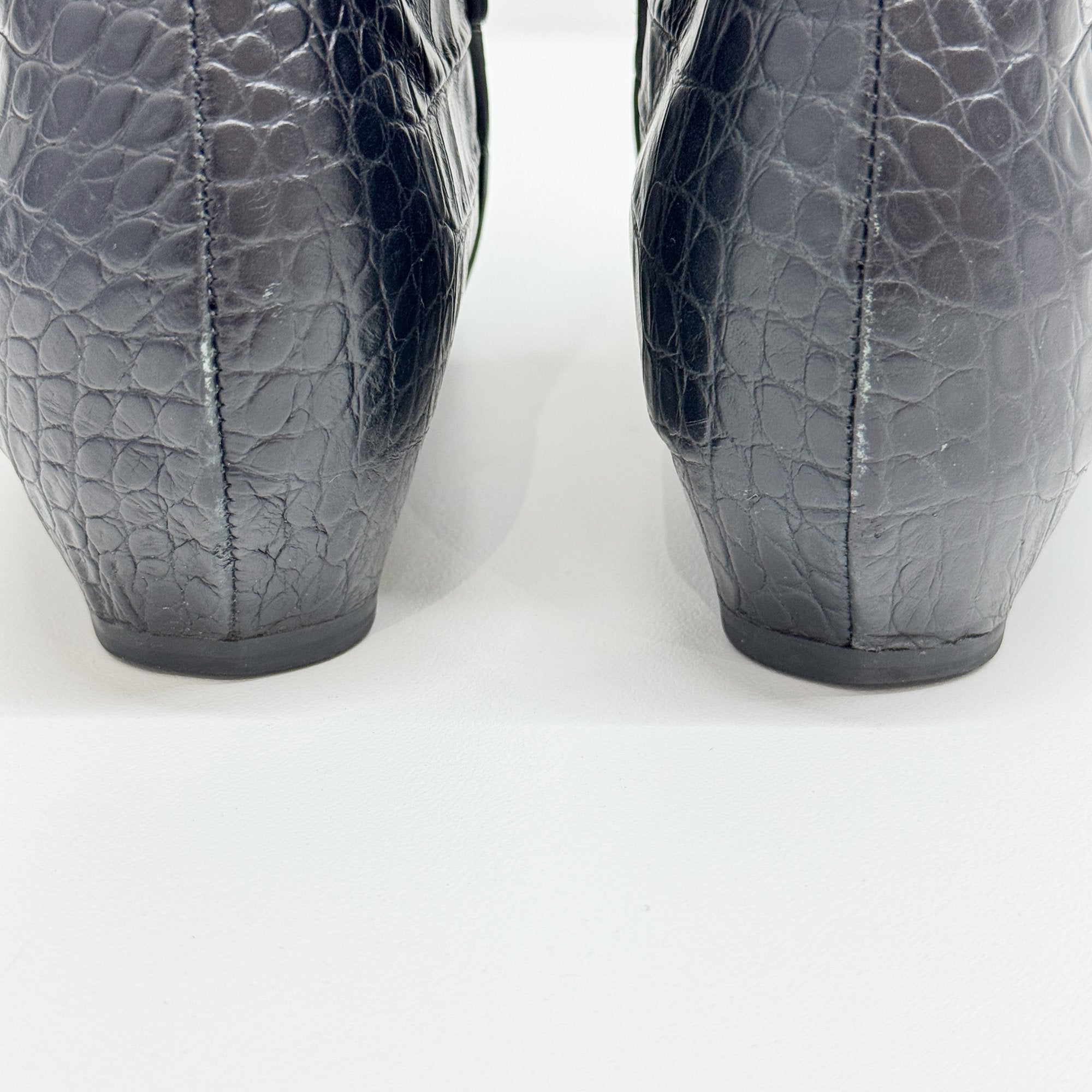 Size 37 1/2 EU Black Crocodile Embossed Leather Knee High Boots