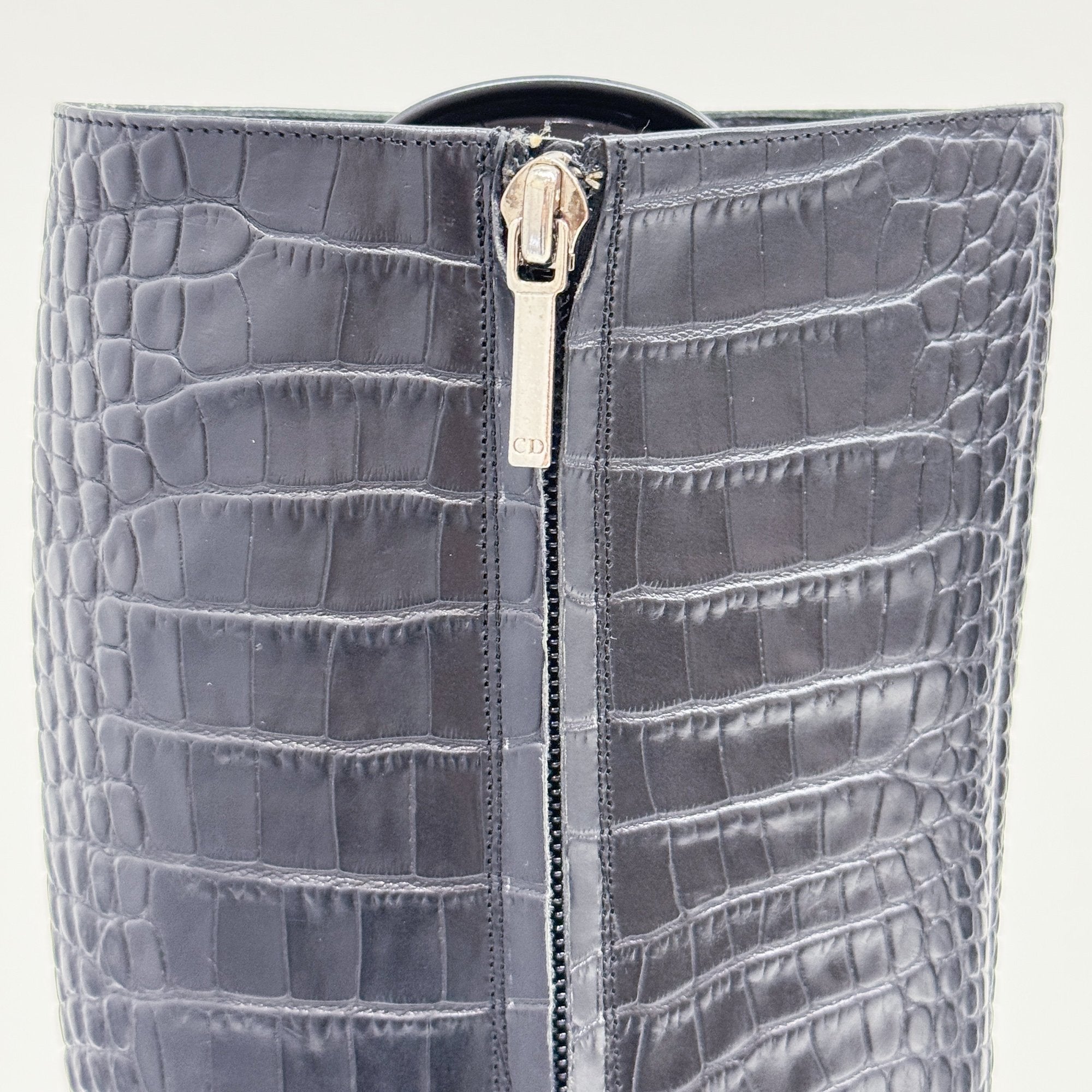 Size 37 1/2 EU Black Crocodile Embossed Leather Knee High Boots