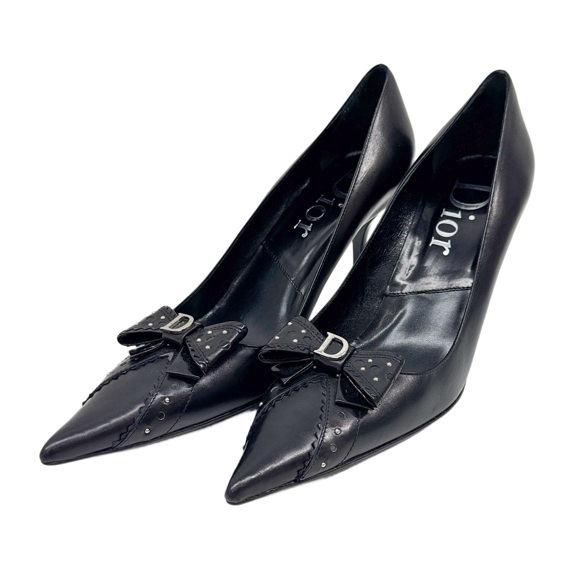 Size 38 1/2 EU Bow Black Leather Heels