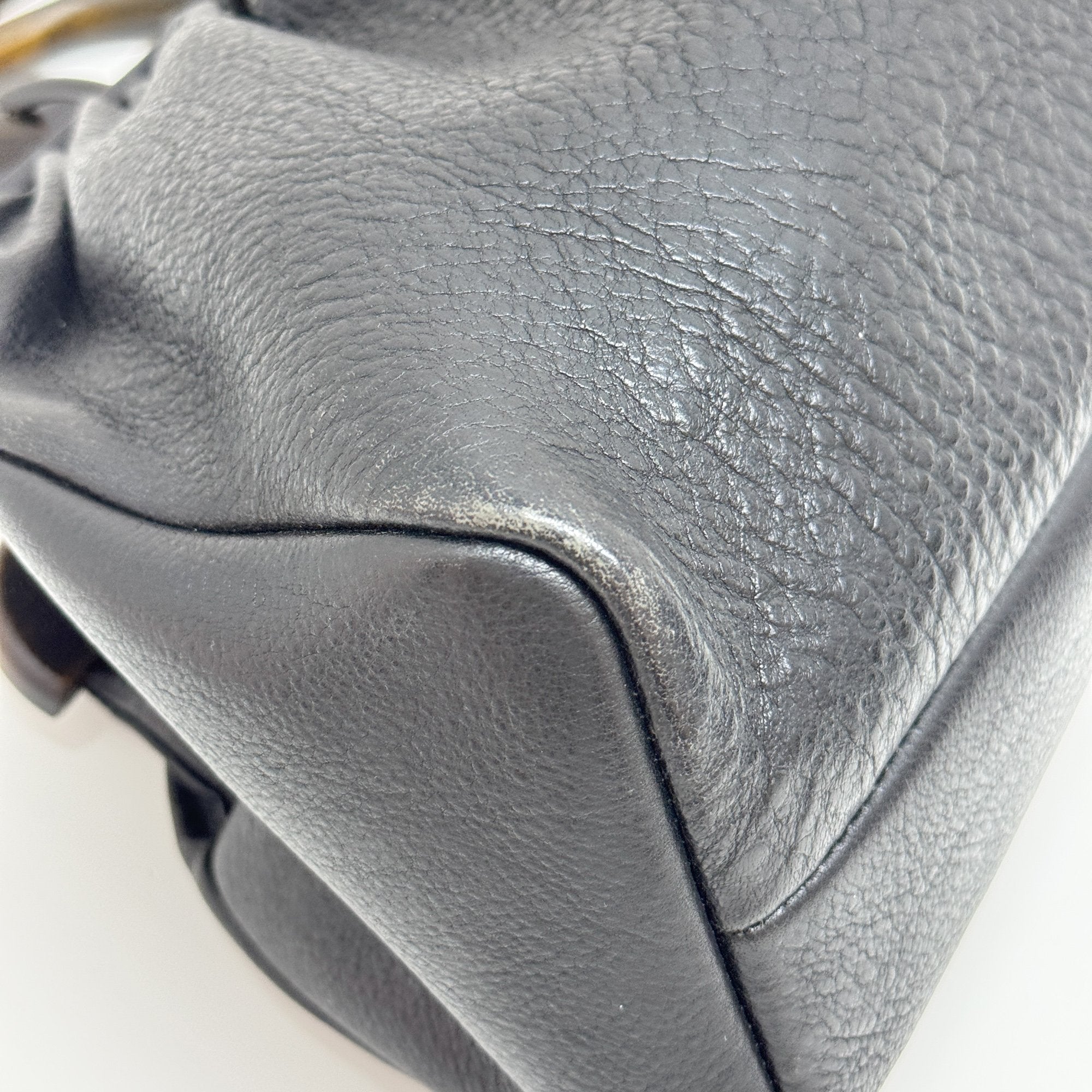 Wood Handle Frame Black Leather Bag