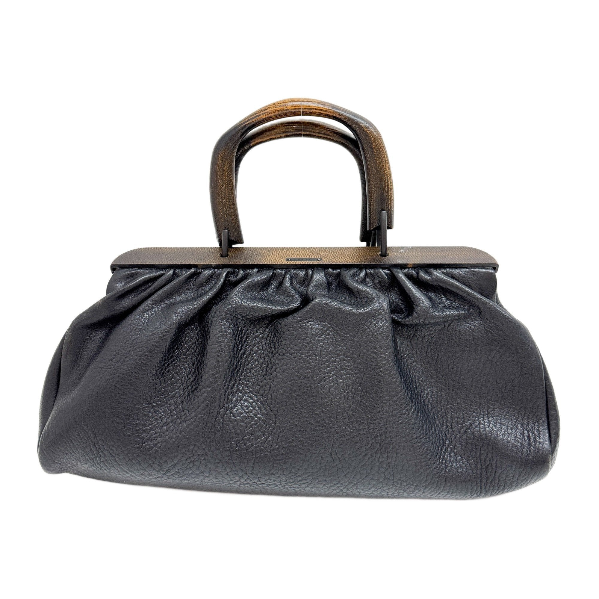 Wood Handle Frame Black Leather Bag