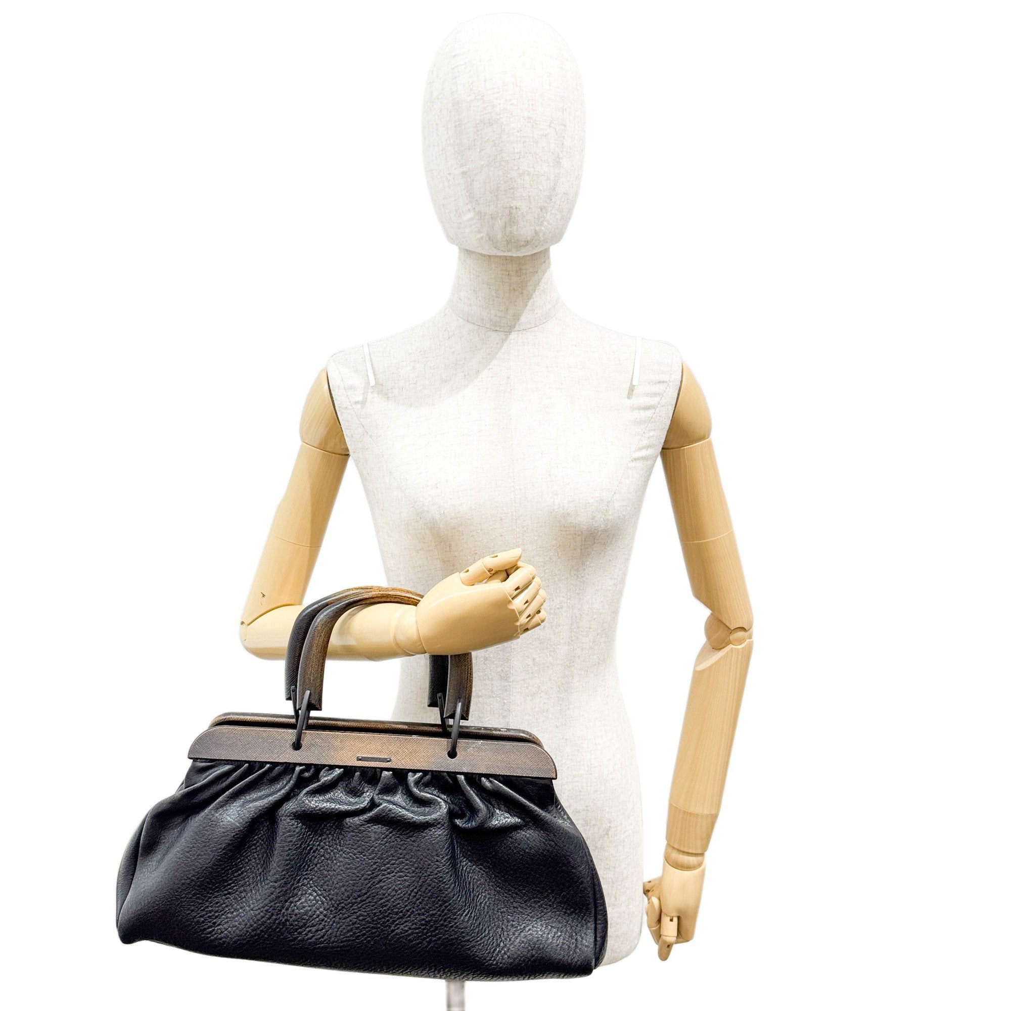 Wood Handle Frame Black Leather Bag