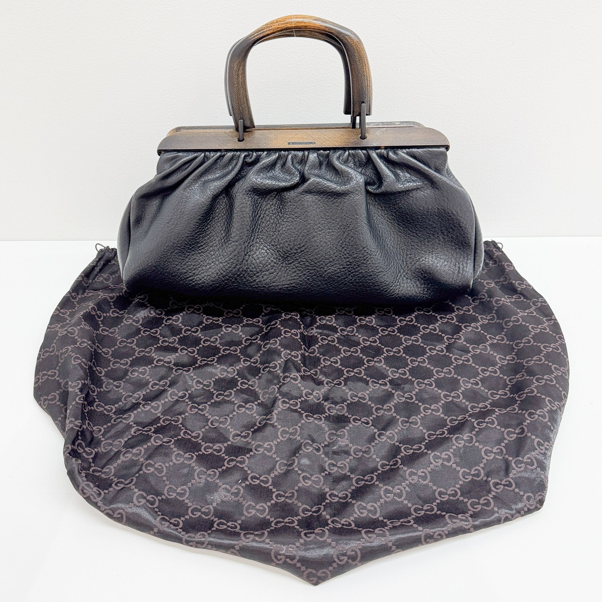 Wood Handle Frame Black Leather Bag