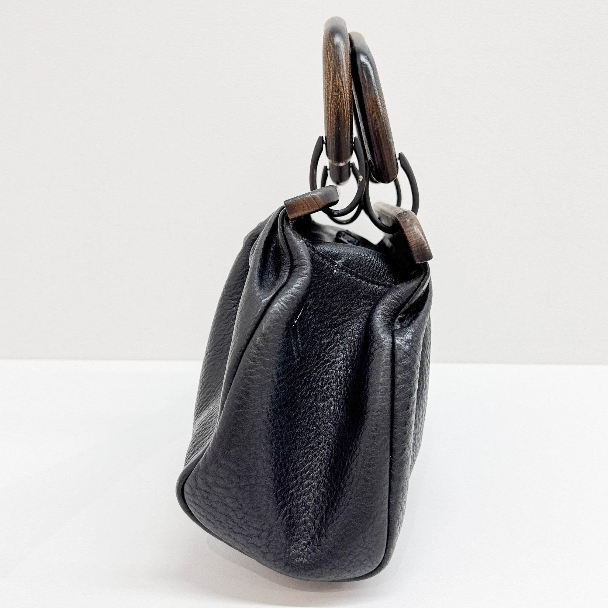 Wood Handle Frame Black Leather Bag