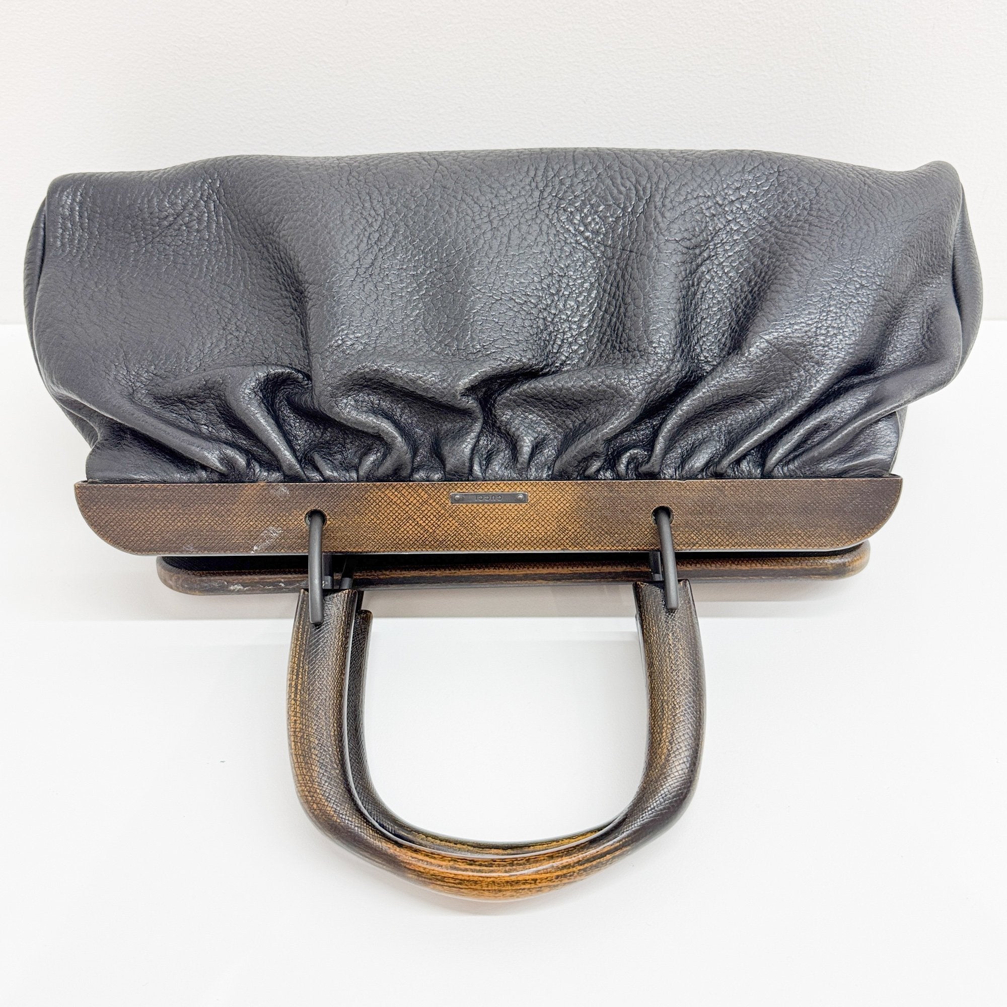 Wood Handle Frame Black Leather Bag