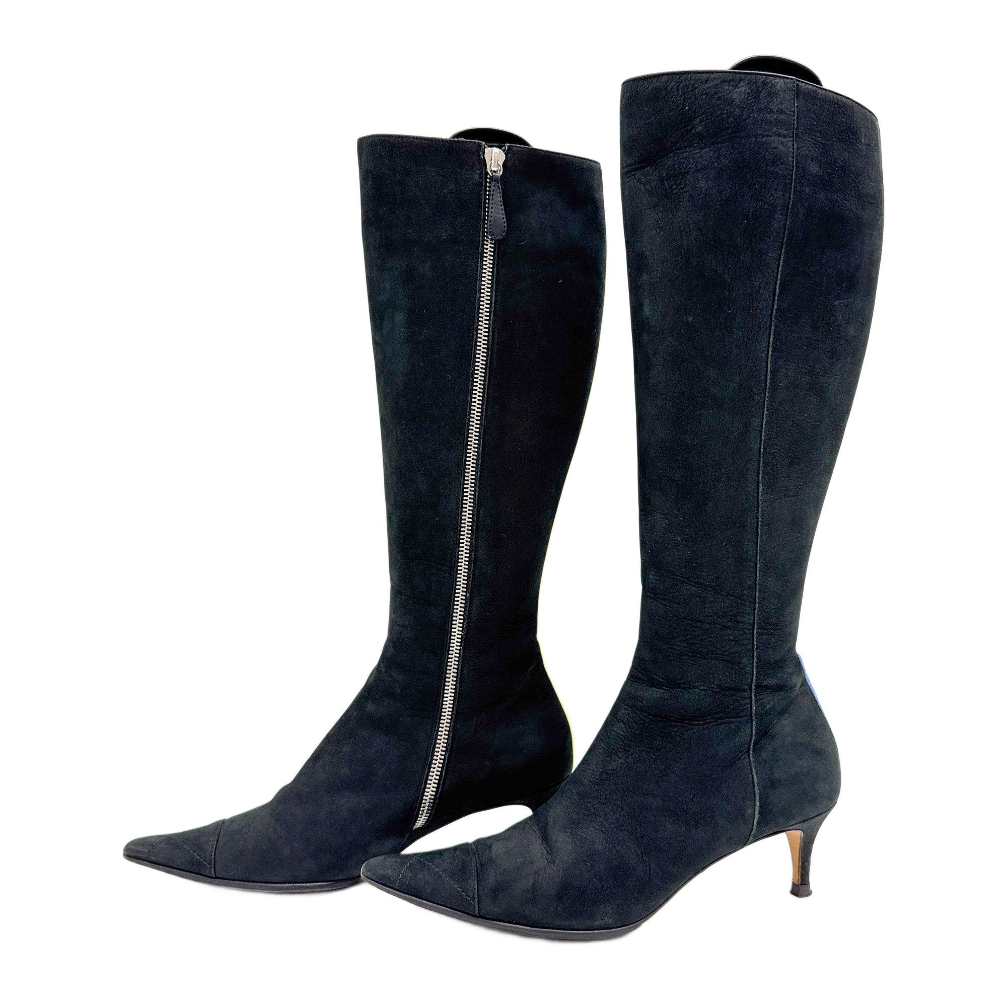 Size 37 1/2 EU Black Nubuck Leather Knee High Heels