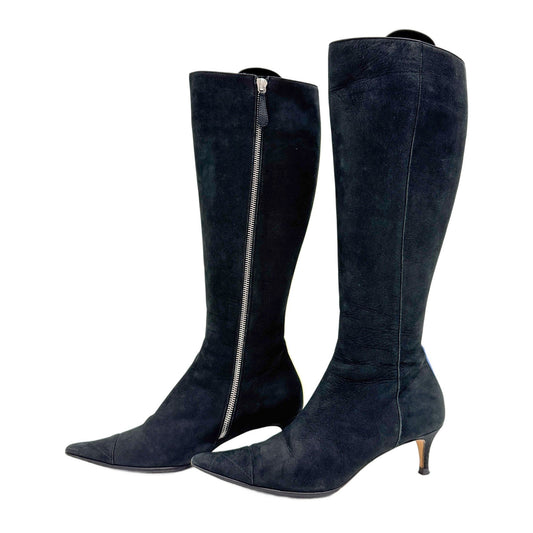 Size 37 1/2 EU Black Nubuck Leather Knee High Heels