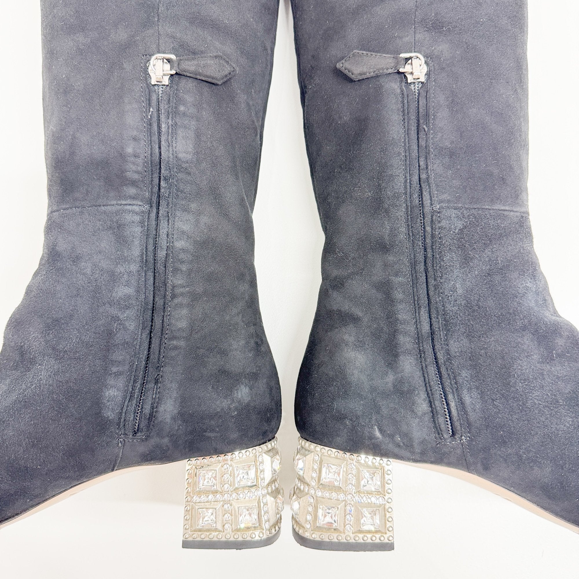 Size 36 1/2 EU Bejewelled Block Heel Black Suede Boots