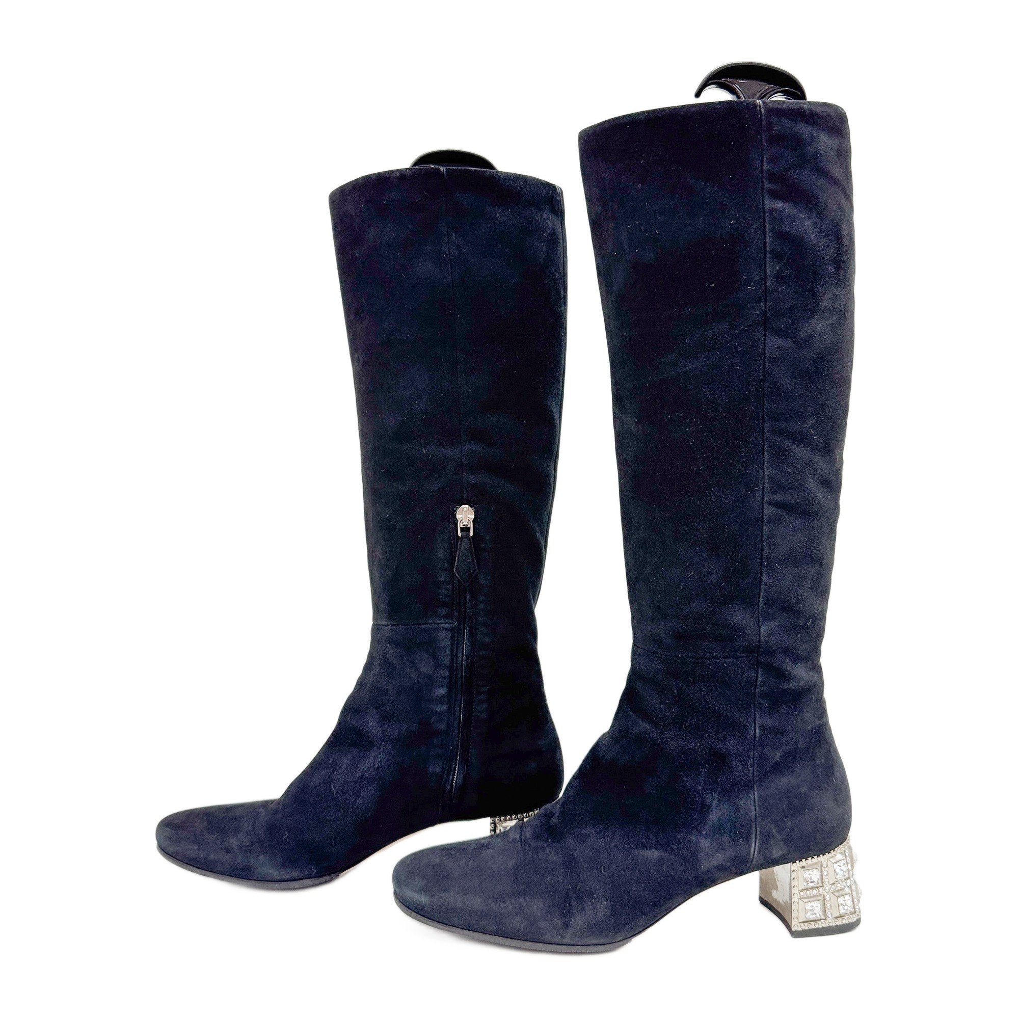 Size 36 1/2 EU Bejewelled Block Heel Black Suede Boots