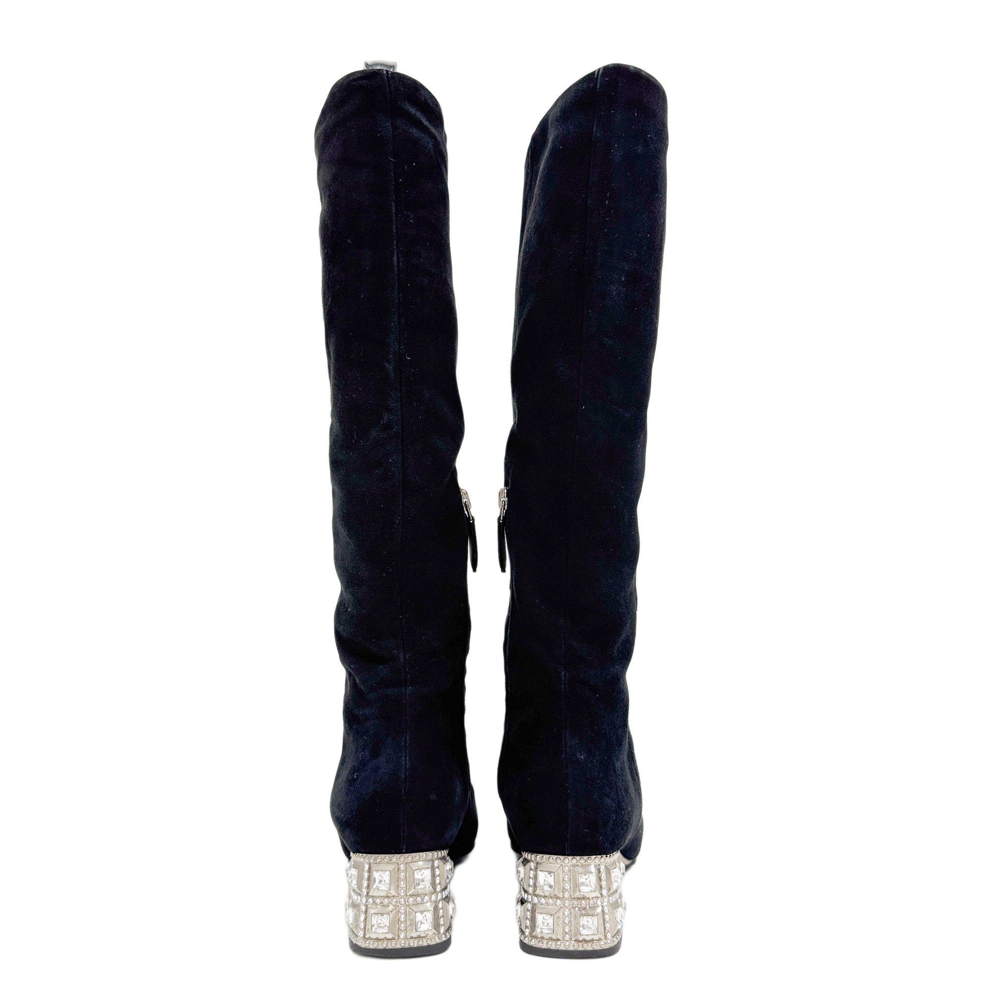 Size 36 1/2 EU Bejewelled Block Heel Black Suede Boots