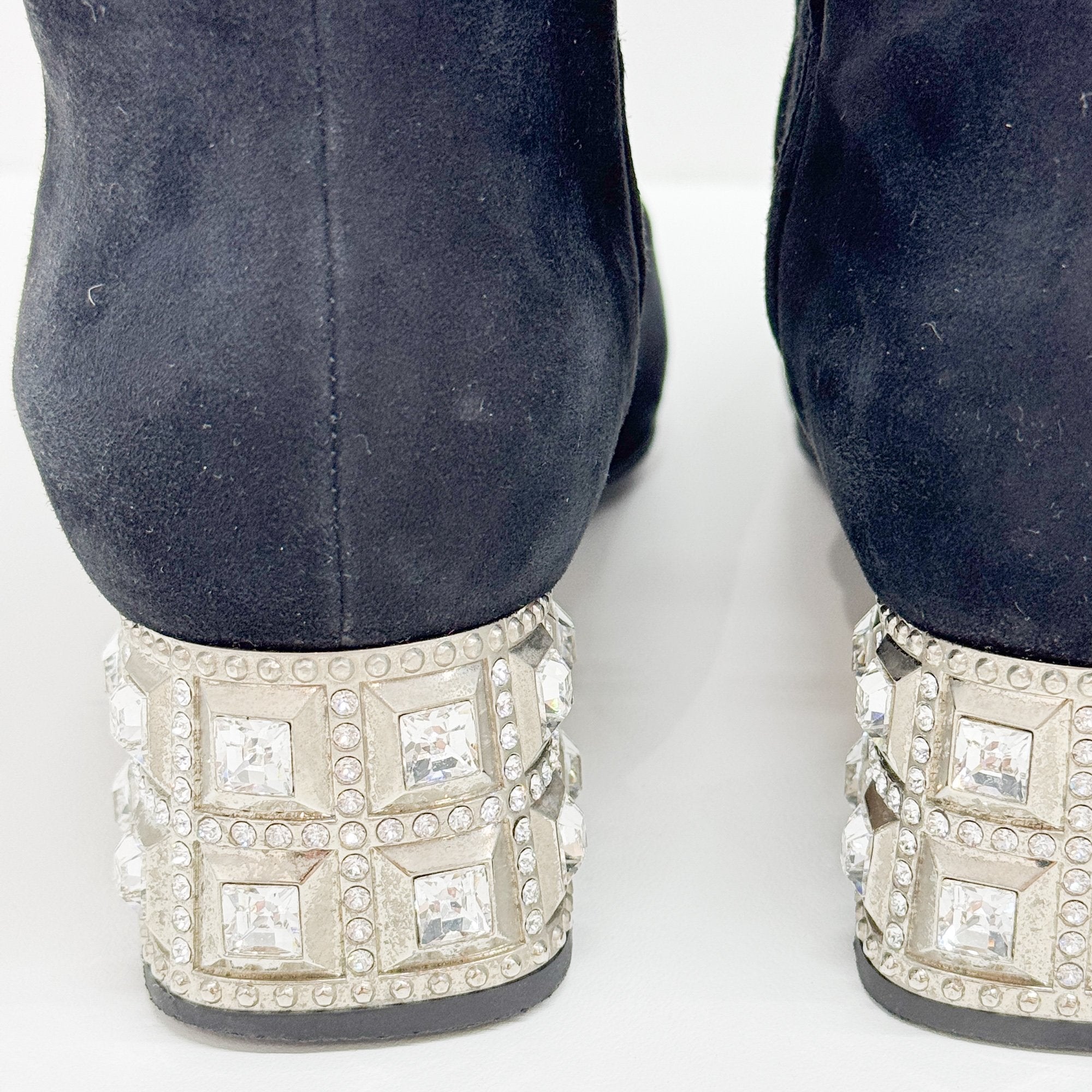 Size 36 1/2 EU Bejewelled Block Heel Black Suede Boots