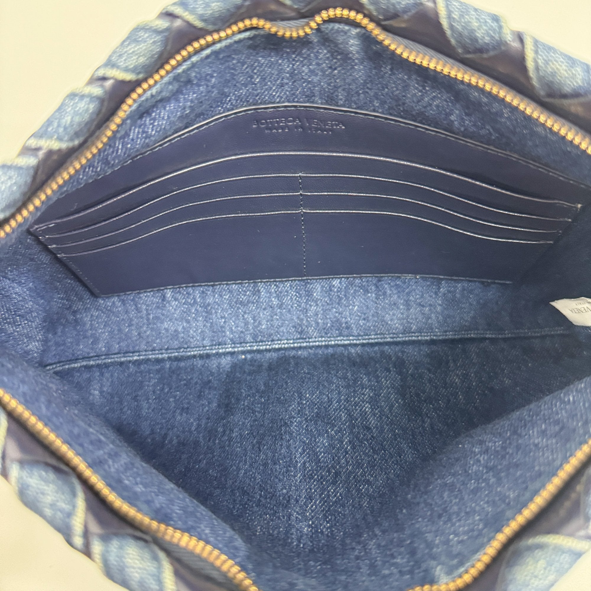 Intrecciato Blue Denim and Leather Clutch Bag