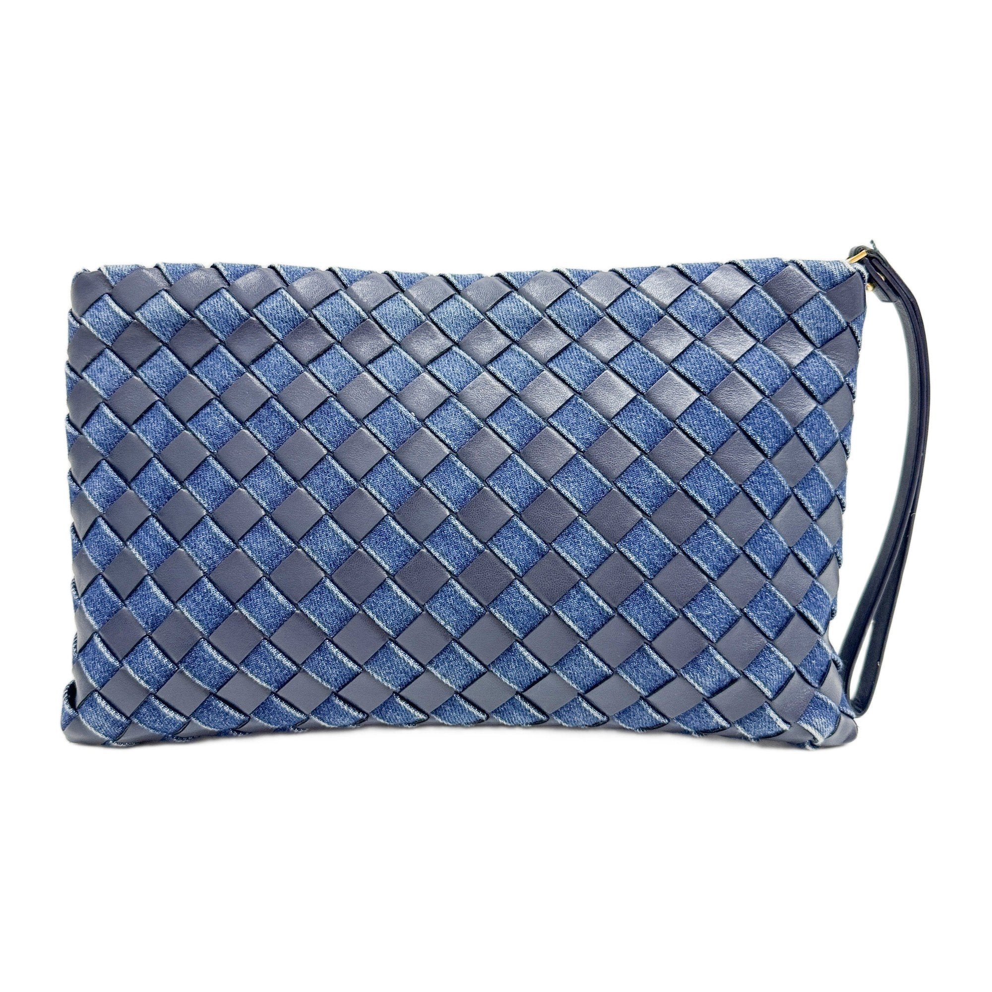 Intrecciato Blue Denim and Leather Clutch Bag