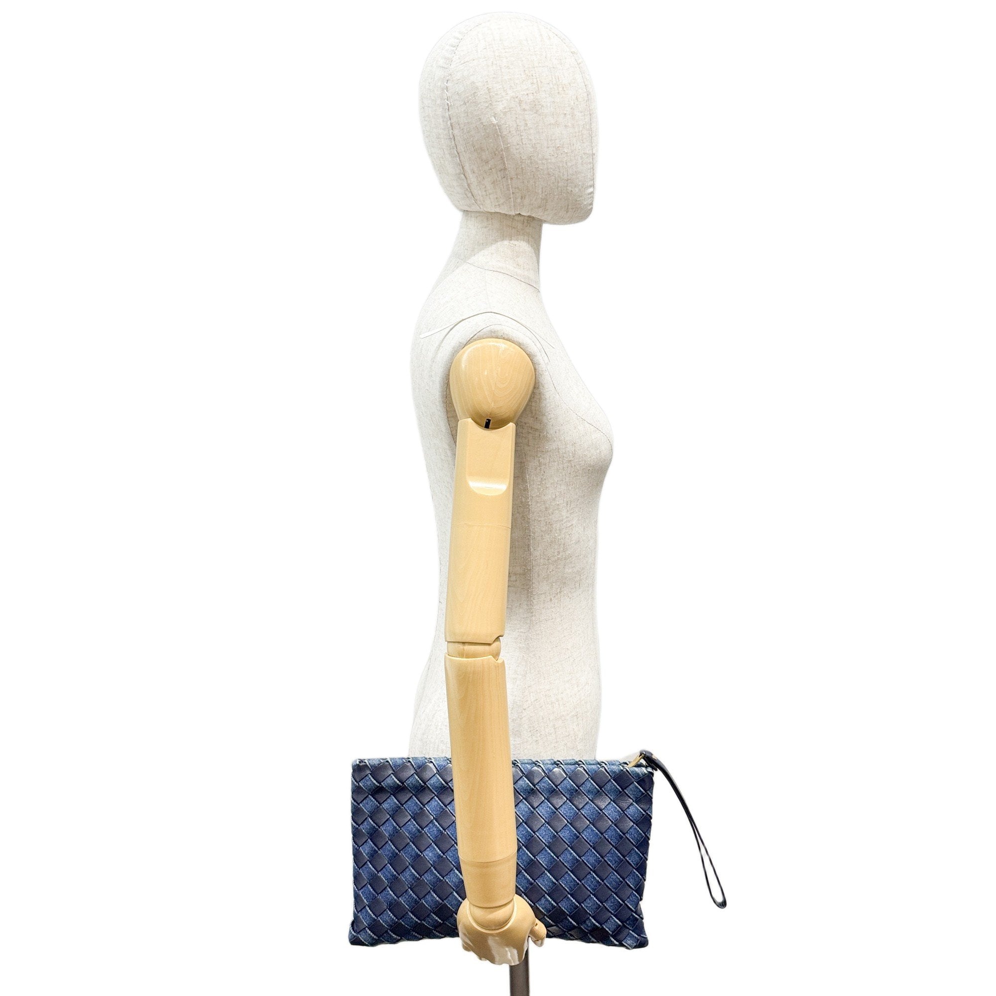 Intrecciato Blue Denim and Leather Clutch Bag