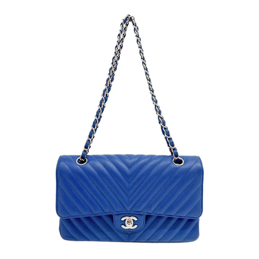 Classic Double Flap Chevron Blue Leather Shoulder Bag