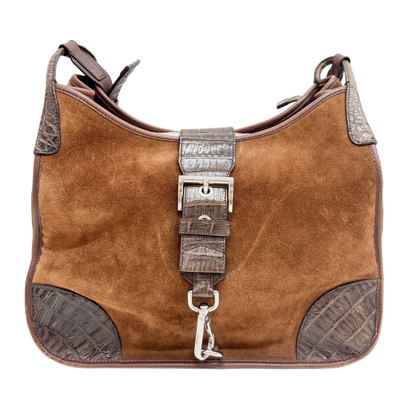 Studded Strap Brown Crocodile Embossed Leather Suede Cross Body Bag
