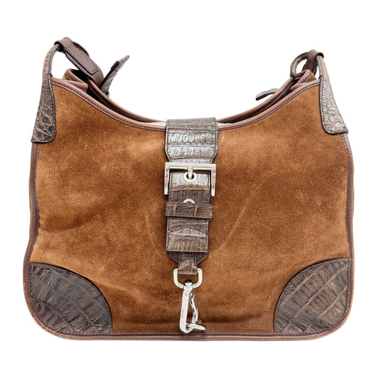 Studded Strap Brown Crocodile Embossed Leather Suede Cross Body Bag