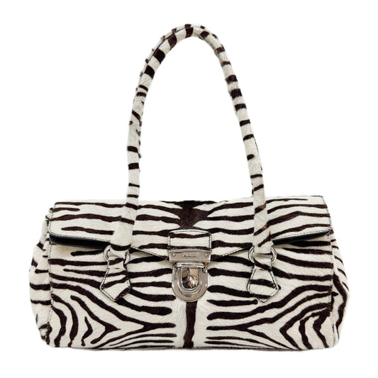 Brown & White Zebra Print Pony Hair Shoulder Bag
