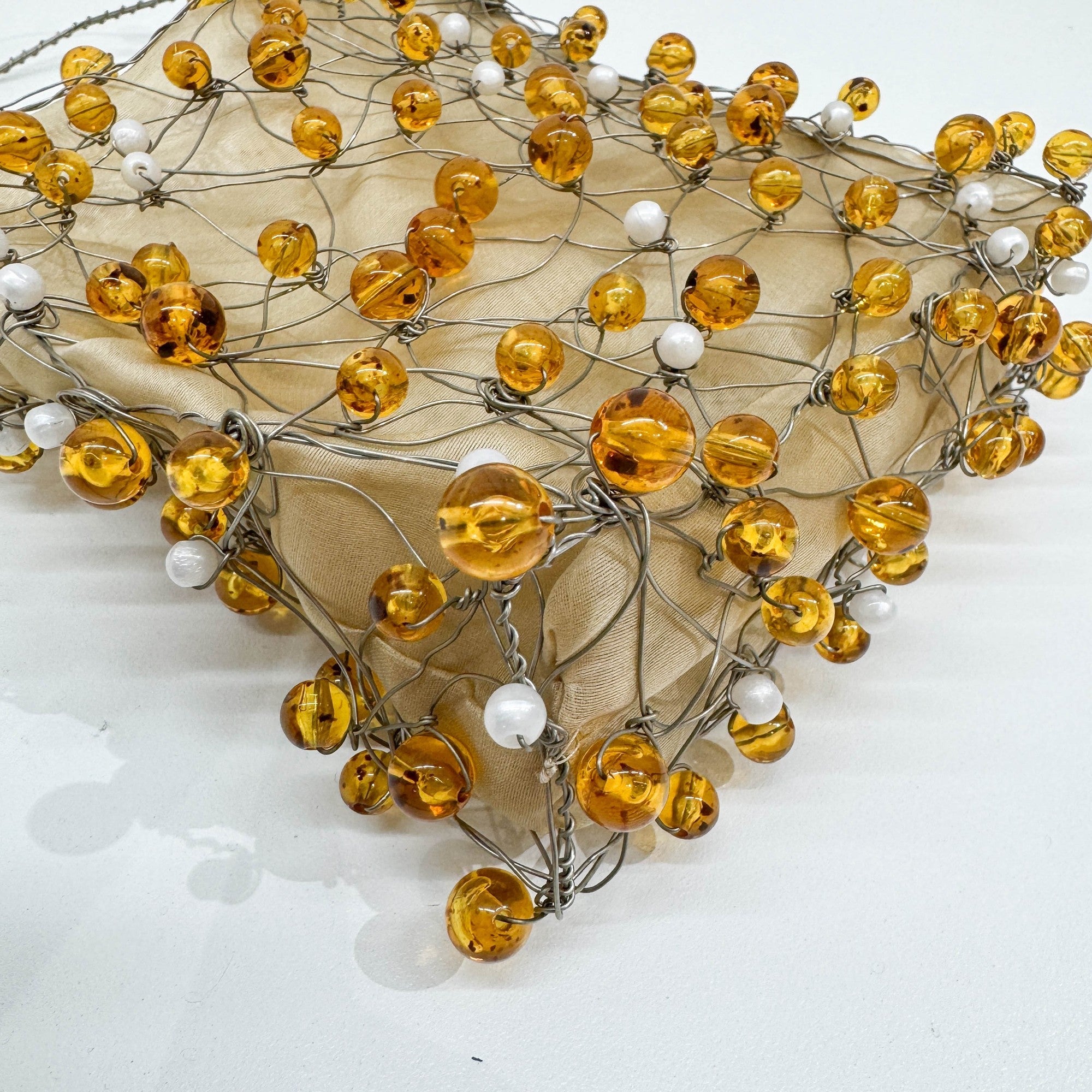 Wire Sculpted Beaded Gold Organza Hand Bag