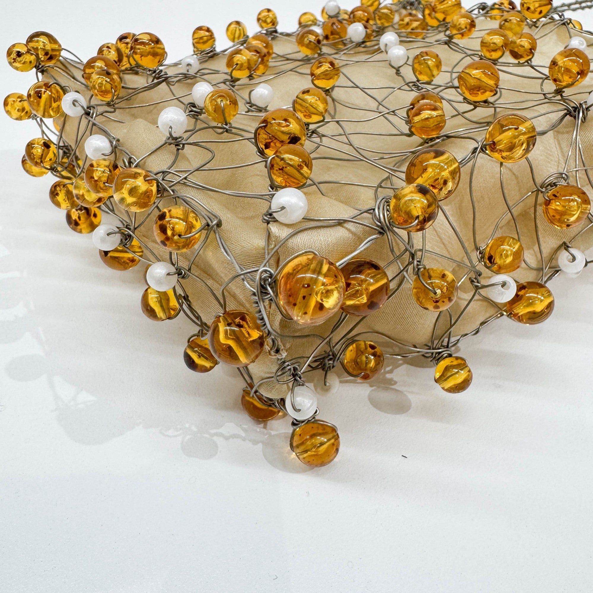 Wire Sculpted Beaded Gold Organza Hand Bag