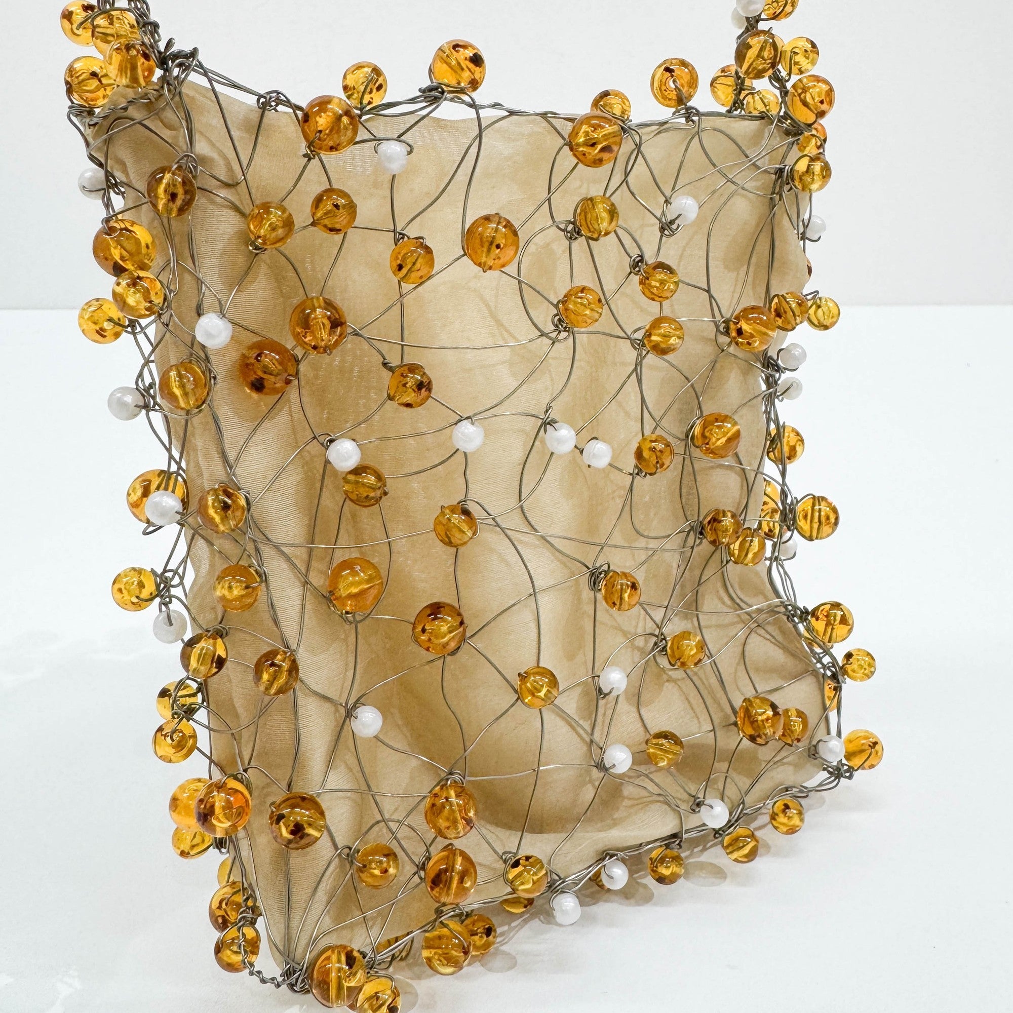 Wire Sculpted Beaded Gold Organza Hand Bag