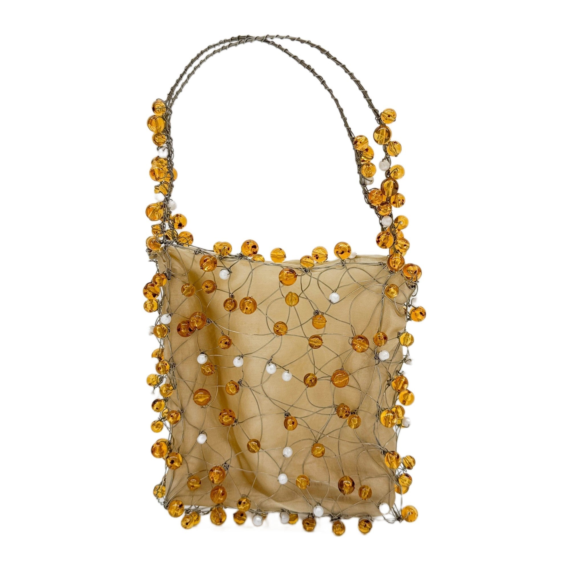 Wire Sculpted Beaded Gold Organza Hand Bag