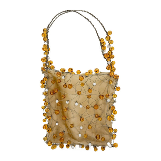 Wire Sculpted Beaded Gold Organza Hand Bag