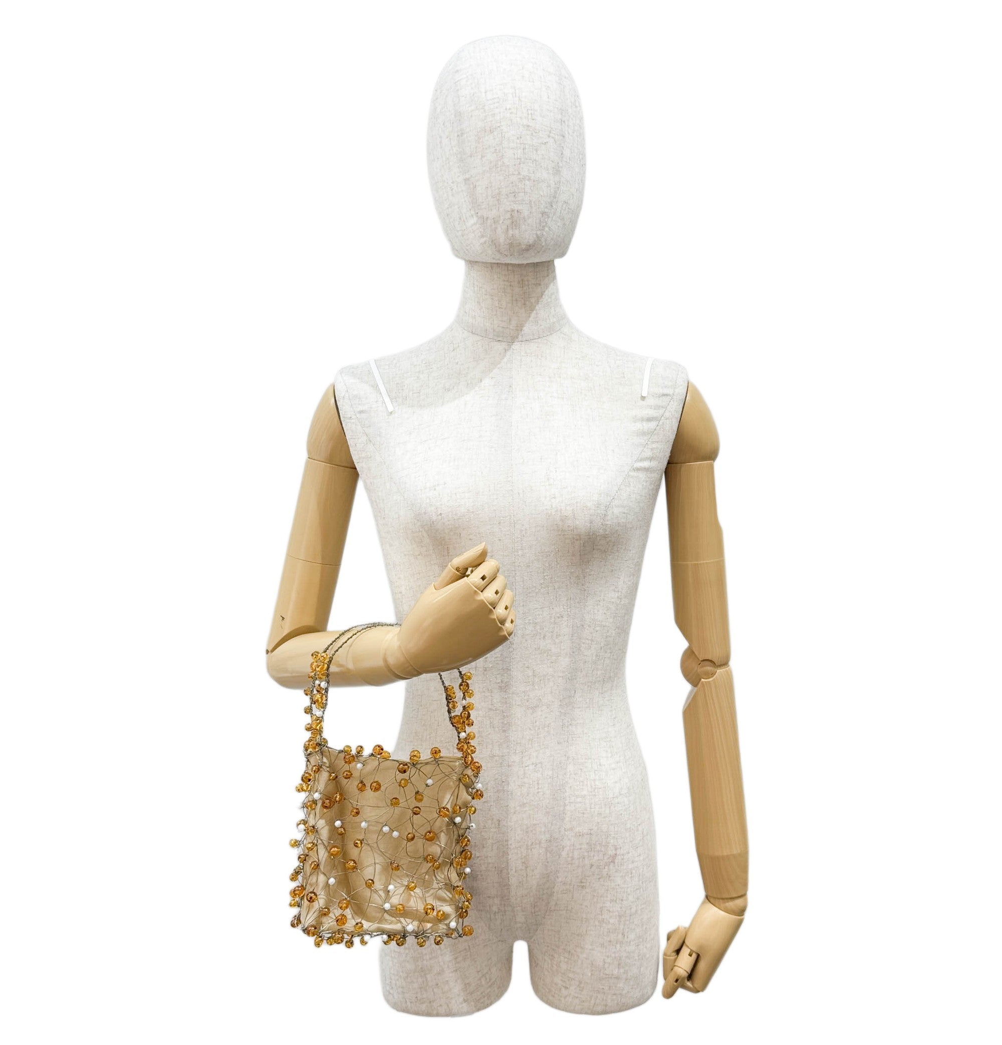 Wire Sculpted Beaded Gold Organza Hand Bag