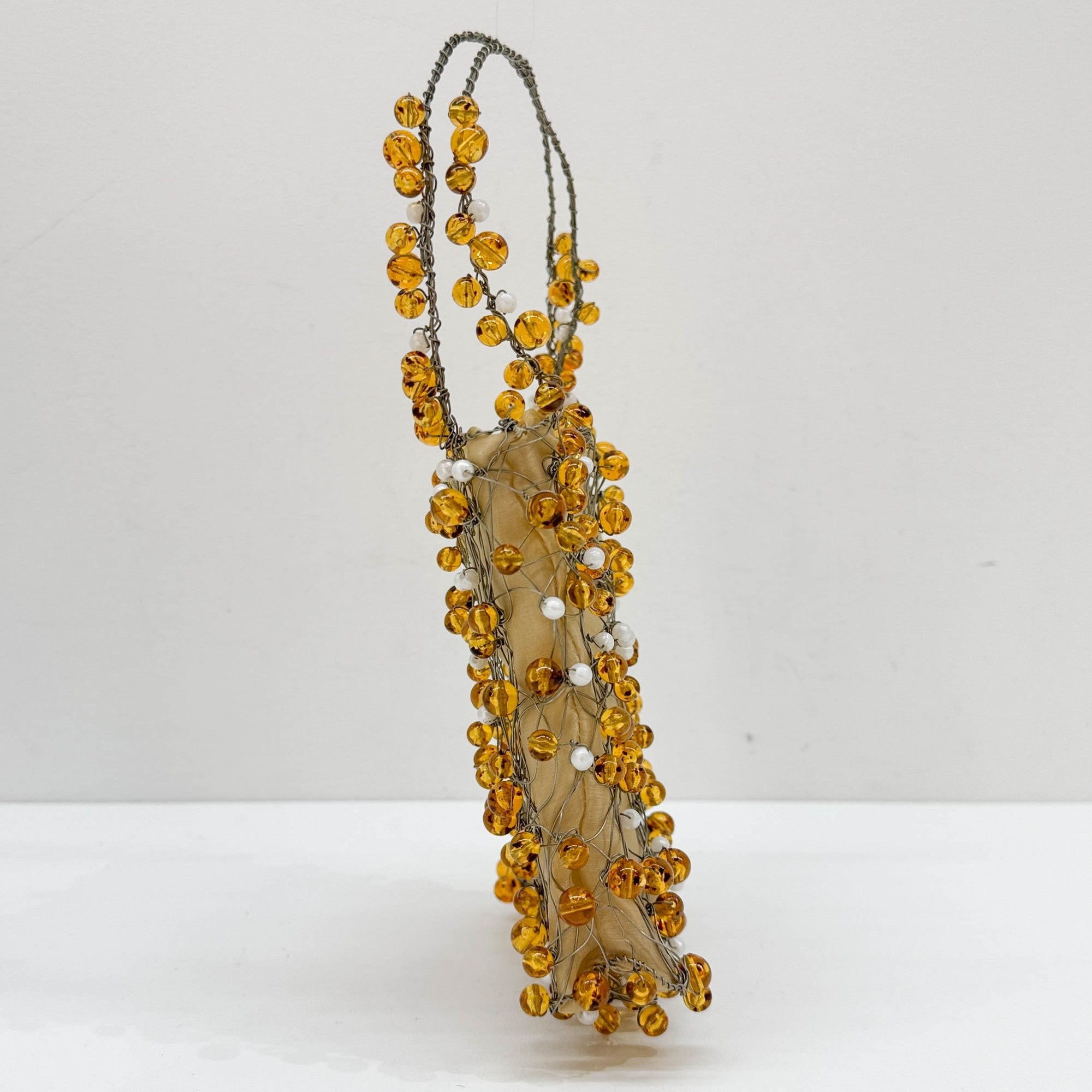 Wire Sculpted Beaded Gold Organza Hand Bag