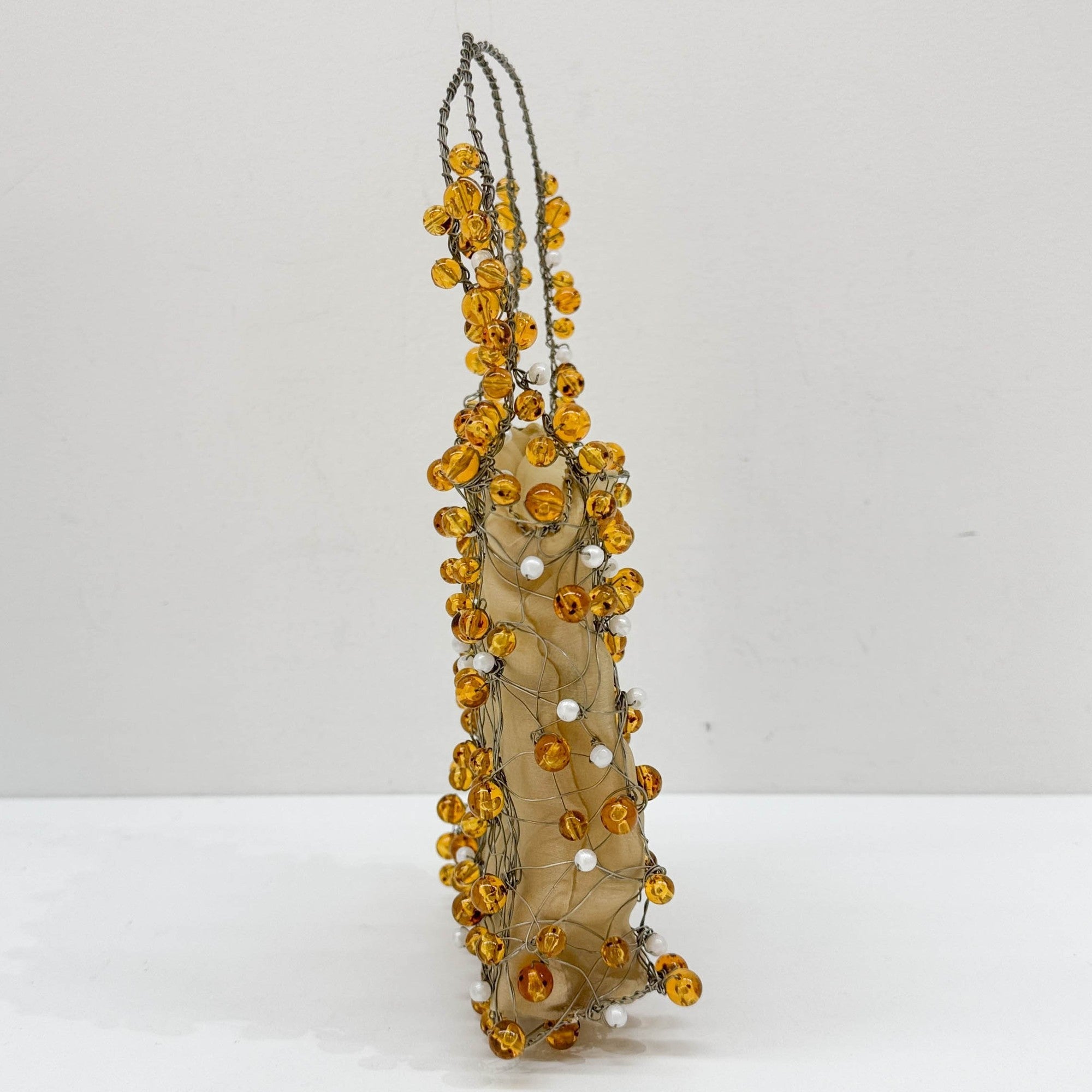 Wire Sculpted Beaded Gold Organza Hand Bag