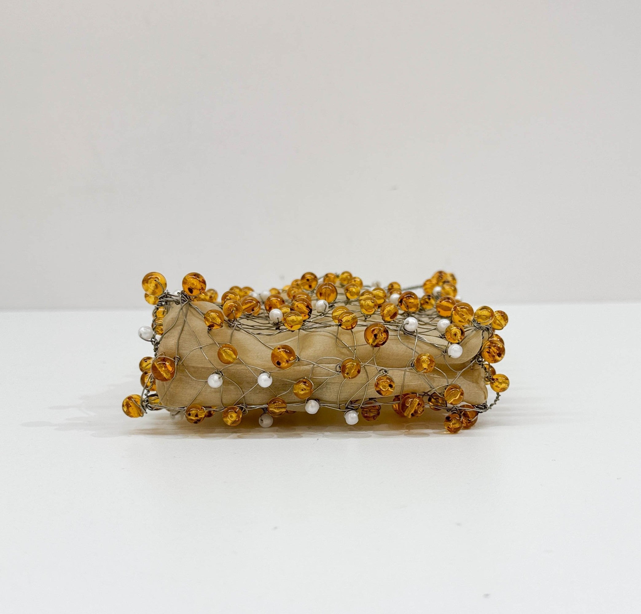 Wire Sculpted Beaded Gold Organza Hand Bag