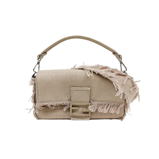 Baguette Fringe Sand Cotton Two Way Bag