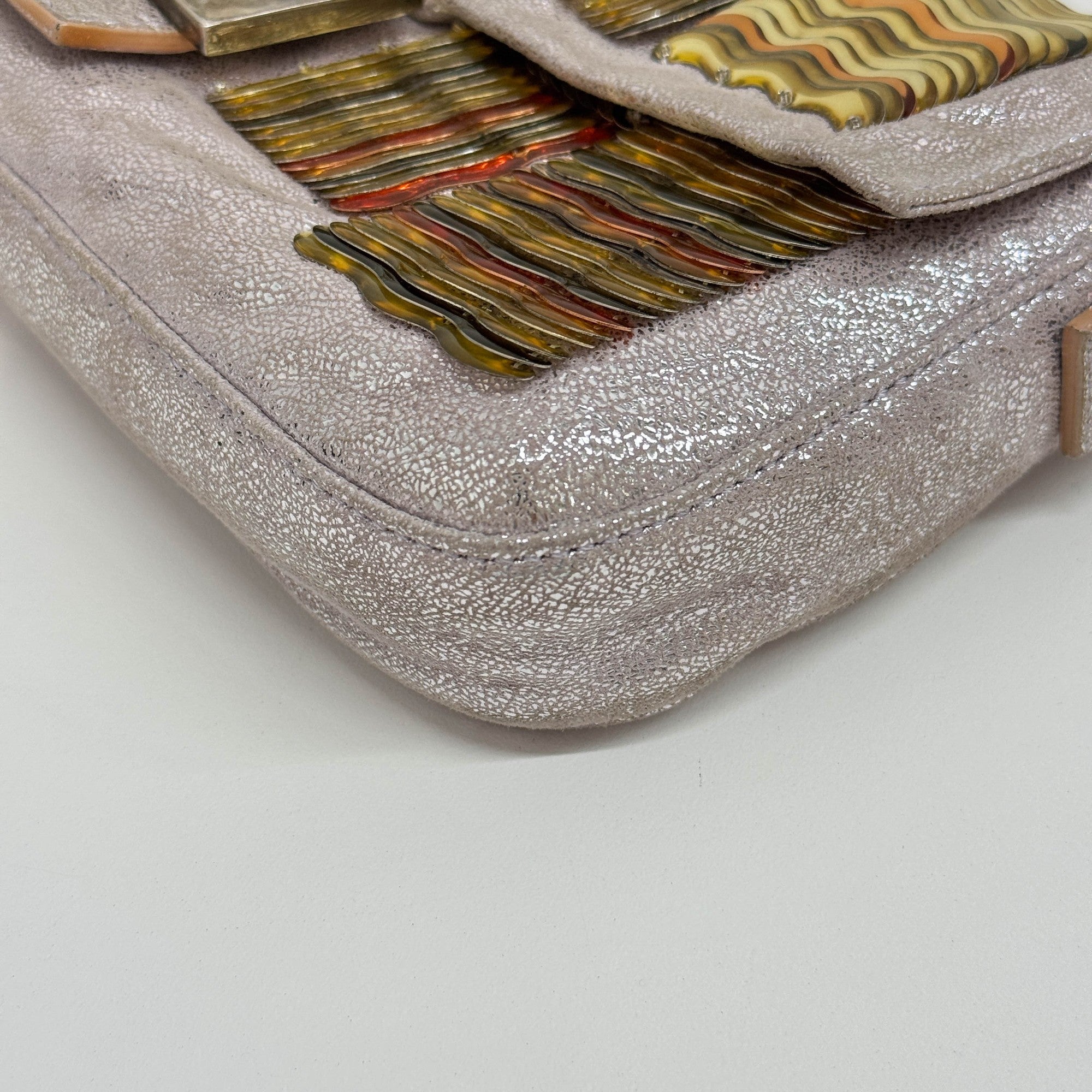 Baguette Embellished Metallics Silver Leather Shoulder Bag