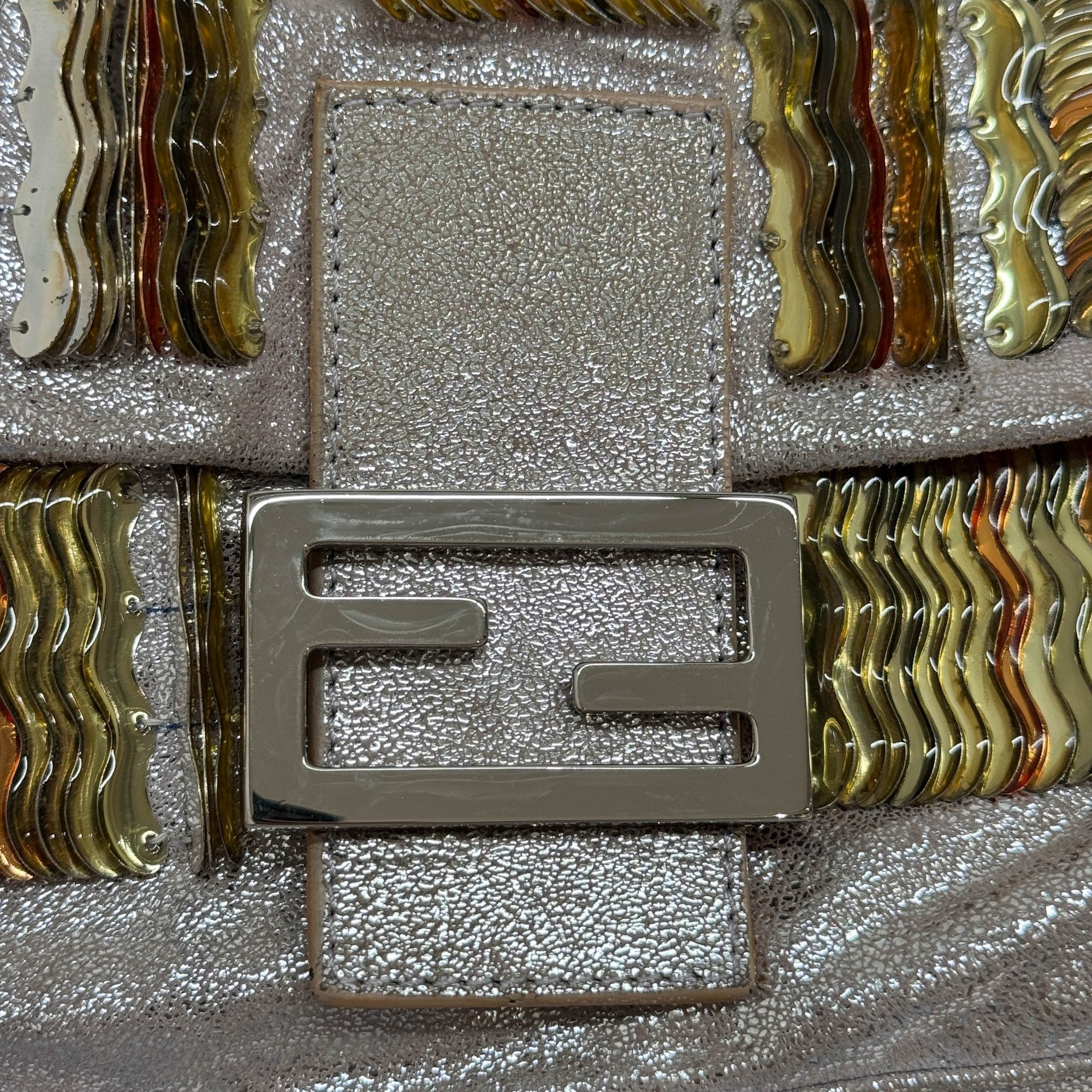 Baguette Embellished Metallics Silver Leather Shoulder Bag