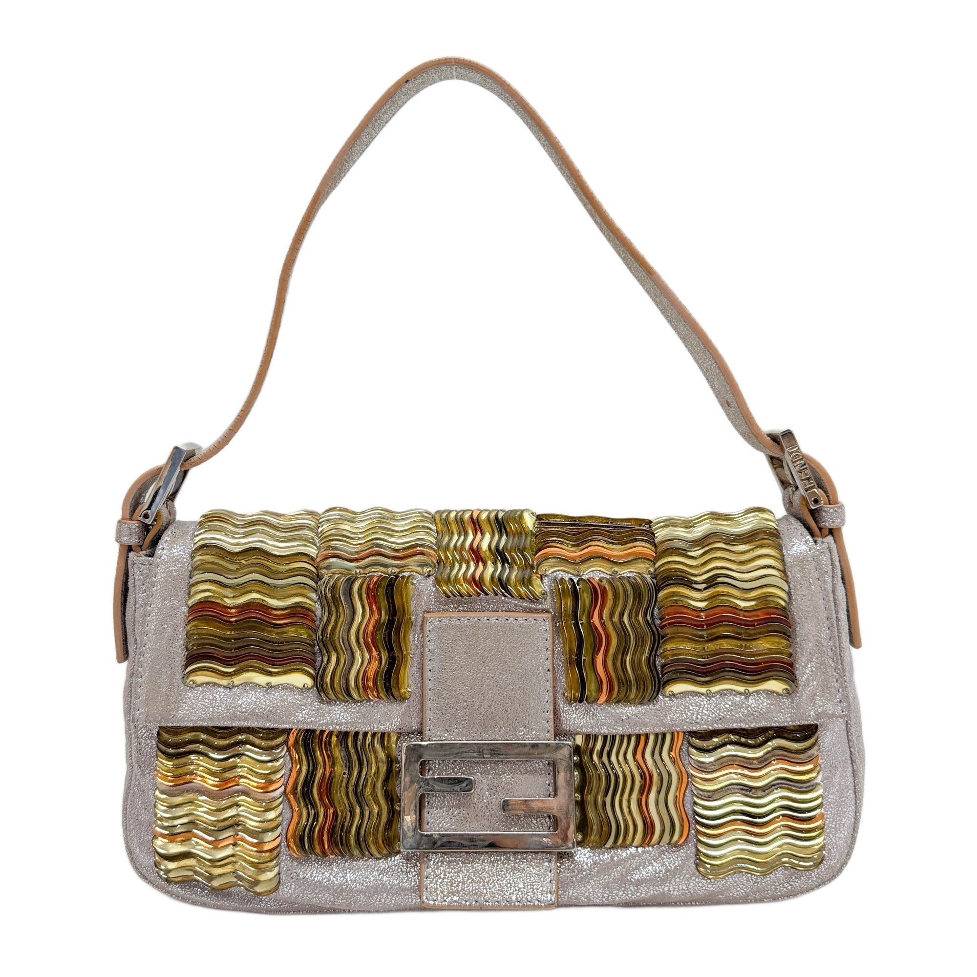 Baguette Embellished Metallics Silver Leather Shoulder Bag