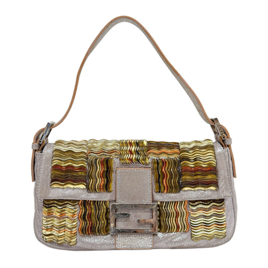 Baguette Embellished Metallics Silver Leather Shoulder Bag