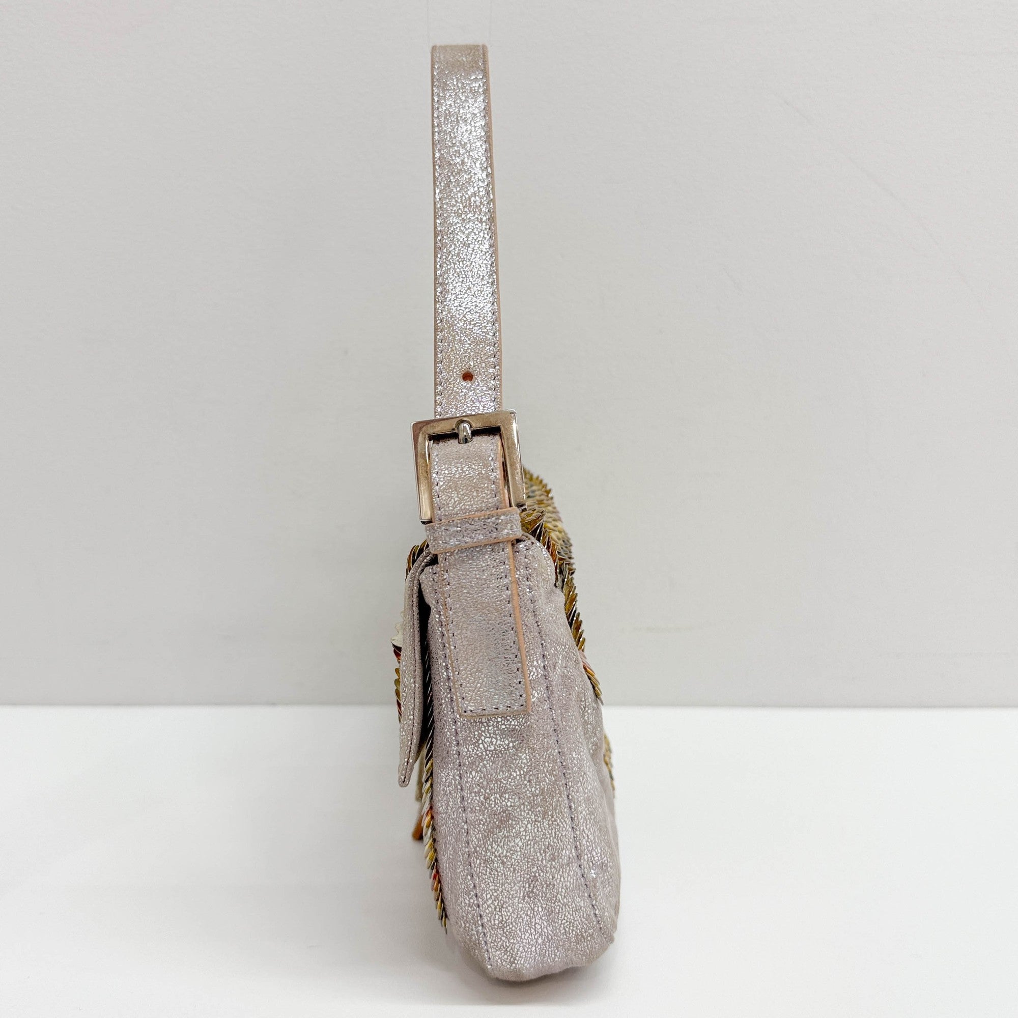 Baguette Embellished Metallics Silver Leather Shoulder Bag