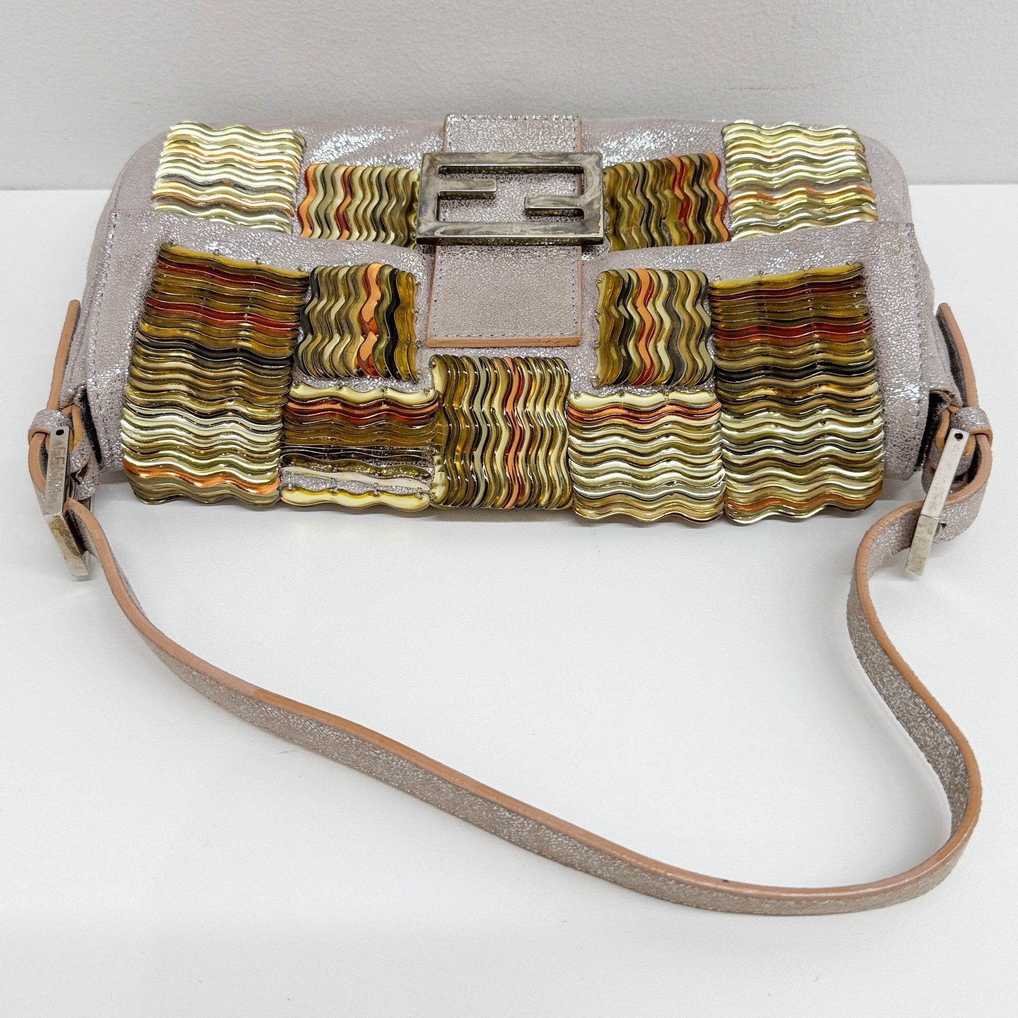 Baguette Embellished Metallics Silver Leather Shoulder Bag